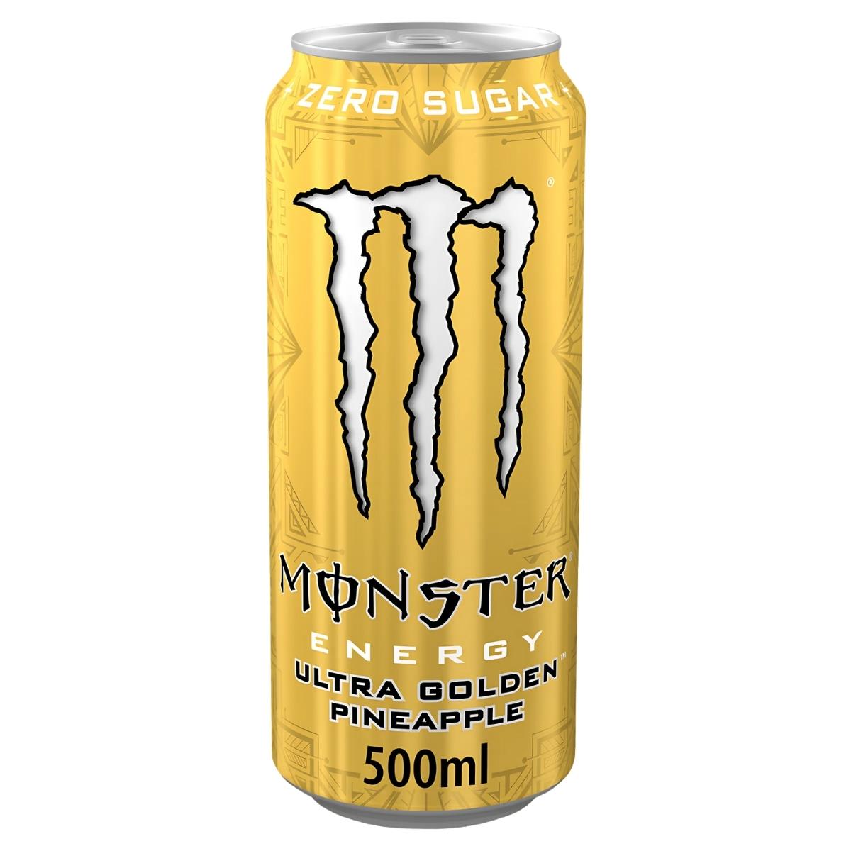 A 500ml Monster Ultra Golden Pineapple Energy Drink, showcasing a vibrant yellow design with the classic Monster logo and prominent "Zero Sugar" text. A 500ml Monster Ultra Golden Pineapple Energy Drink, showcasing a vibrant yellow design with the classic Monster logo and prominent "Zero Sugar" text.
