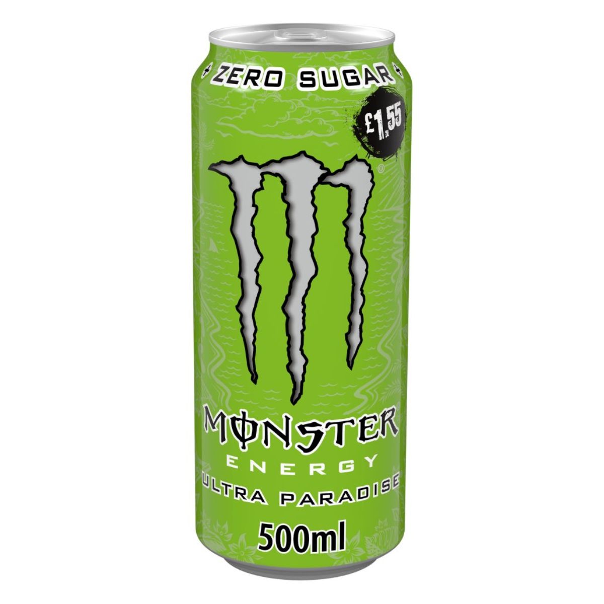 A 500ml can of Monster Energy - Ultra Paradise Zero Sugar Energy Drink features a green design, tropical flavour, zero sugar, and has a £1.55 price label on the top. A 500ml can of Monster Energy - Ultra Paradise Zero Sugar Energy Drink features a green design, tropical flavour, zero sugar, and has a £1.55 price label on the top.