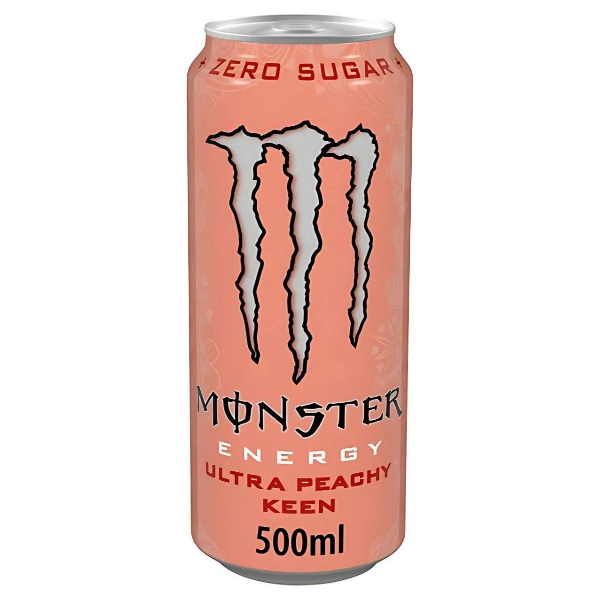 A 500ml can of Monster Energy - Ultra Peachy Keen Energy Drink, zero sugar, features a peach-colored background and a bold white Monster logo. A 500ml can of Monster Energy - Ultra Peachy Keen Energy Drink, zero sugar, features a peach-colored background and a bold white Monster logo.