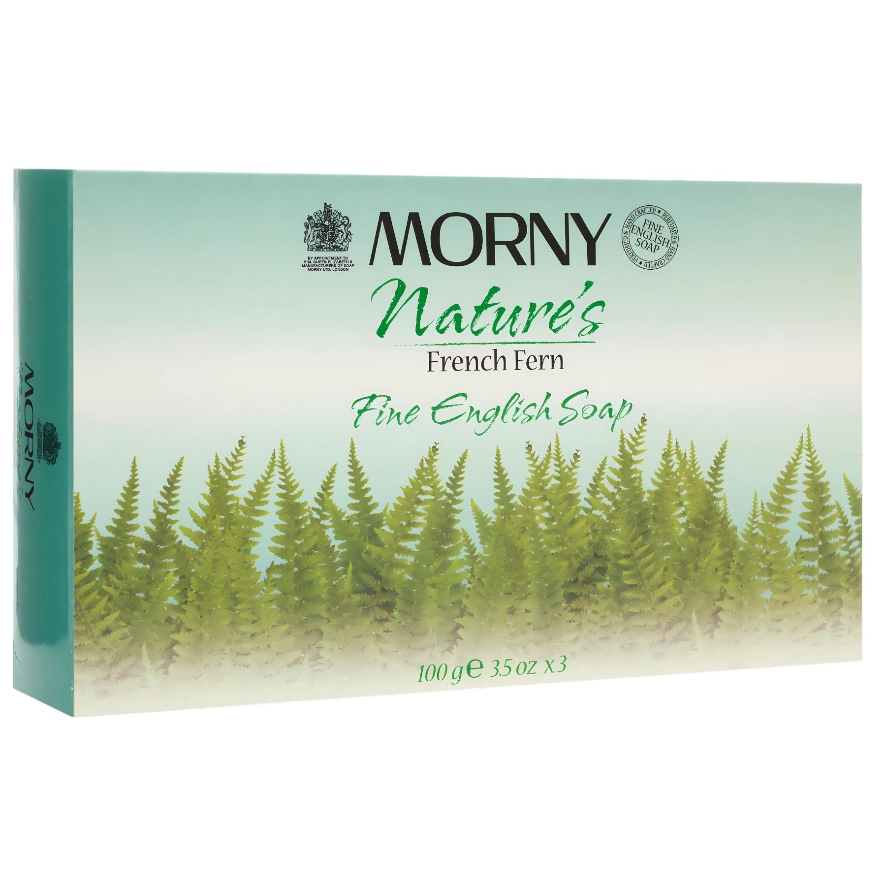 Box of Morny - Nature's French Fern Fine English Soap (3.5oz x 3) featuring an illustration of green ferns and details on the front. Box of Morny - Nature's French Fern Fine English Soap (3.5oz x 3) featuring an illustration of green ferns and details on the front.