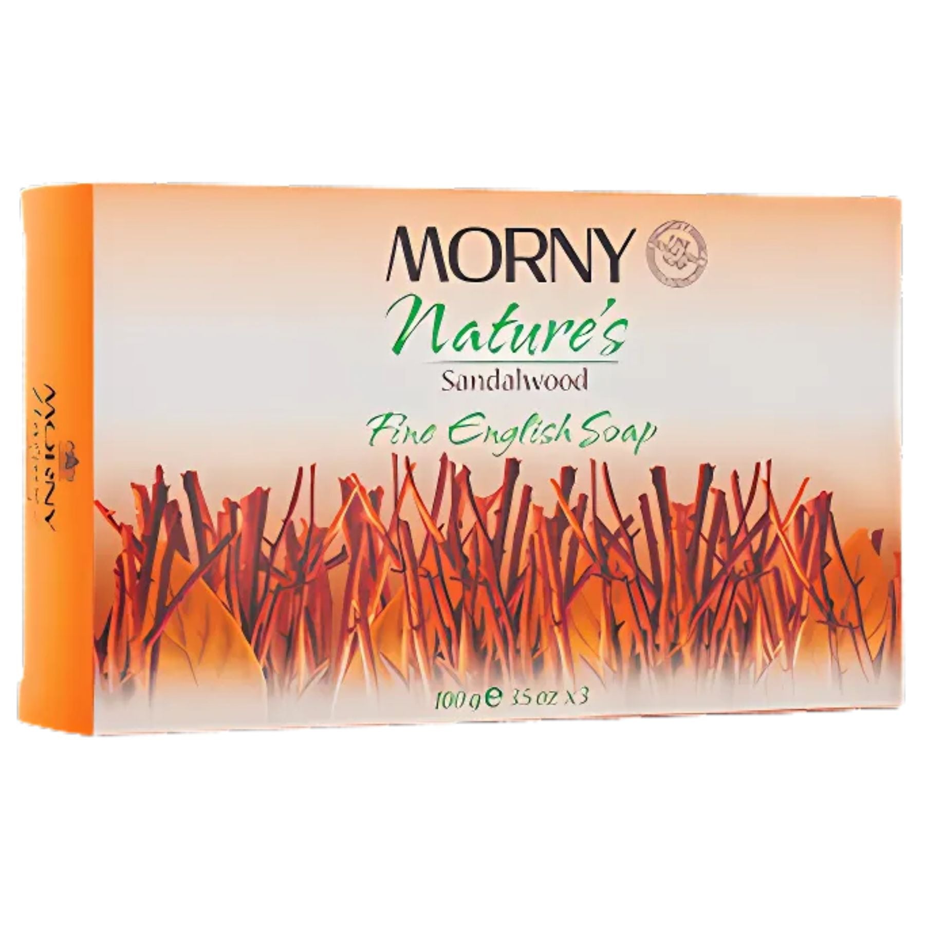 Box of Morny - Nature's Sandalwood Fine English Soap, 3.5oz x 3, in orange and white packaging with sandalwood design. Enjoy a classic sandalwood scent and gentle cleansing with this luxurious English soap set. Box of Morny - Nature's Sandalwood Fine English Soap, 3.5oz x 3, in orange and white packaging with sandalwood design. Enjoy a classic sandalwood scent and gentle cleansing with this luxurious English soap set.