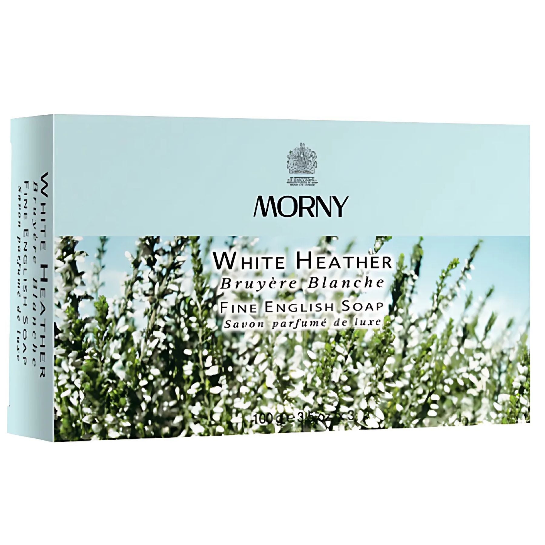 Box of Morny White Heather Fine English Soap, 3.5oz x 3, a luxury soap with a blooming heather scent and elegant packaging featuring English and French product details. Box of Morny White Heather Fine English Soap, 3.5oz x 3, a luxury soap with a blooming heather scent and elegant packaging featuring English and French product details.