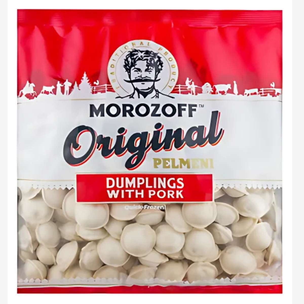 Package of Morozoff - Original Dumplings With Pork - 400g. The image features frozen dumplings in a clear bag with a red and white design, capturing the essence of traditional savory pork delights. Package of Morozoff - Original Dumplings With Pork - 400g. The image features frozen dumplings in a clear bag with a red and white design, capturing the essence of traditional savory pork delights.