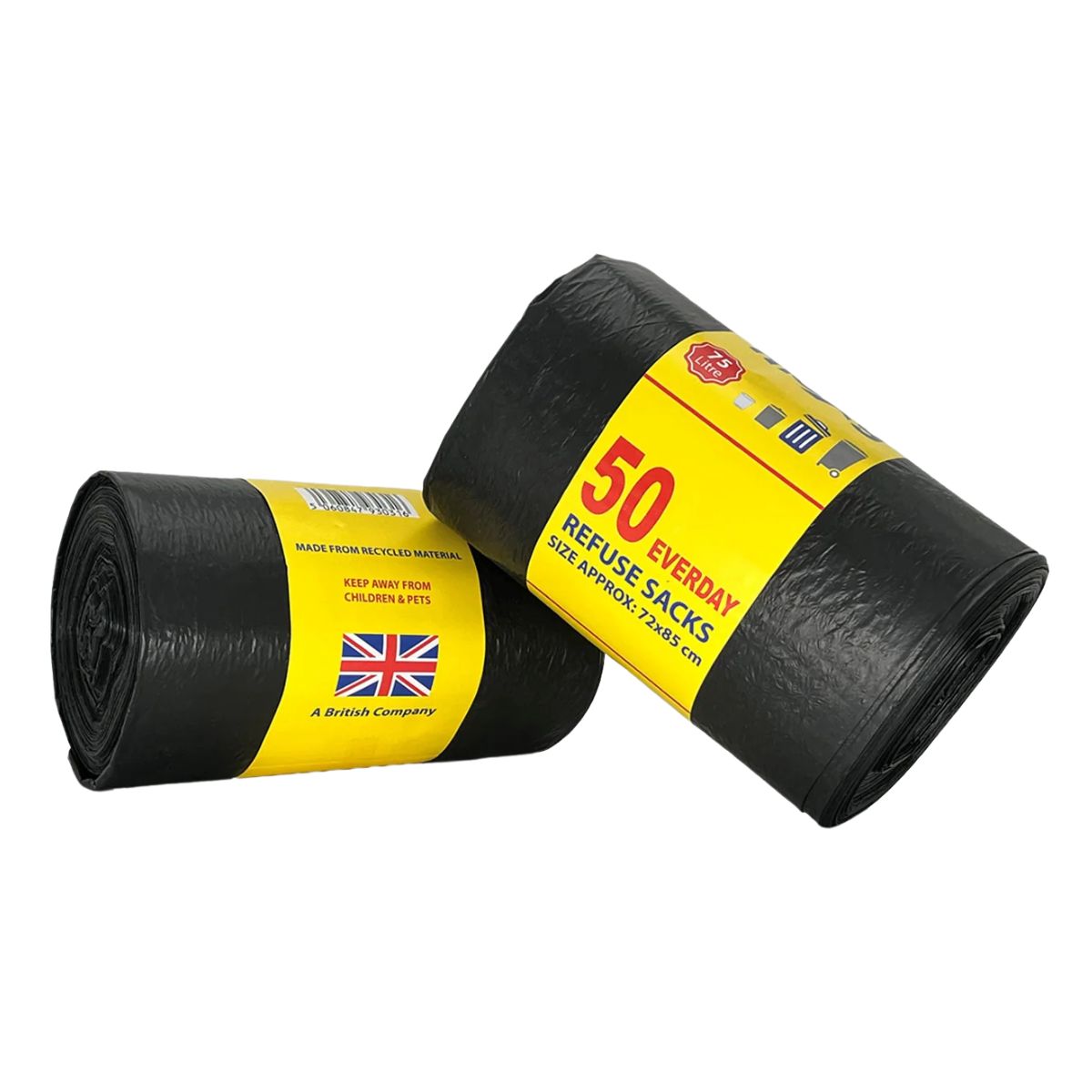 Two rolls of black refuse sacks with yellow labels reading "50 Everyday Refuse Sacks," featuring a British flag, showcase the Moxy - Everyday Refuse Sacks (72x85cm). These durable sacks are ideal for everyday waste disposal. Two rolls of black refuse sacks with yellow labels reading "50 Everyday Refuse Sacks," featuring a British flag, showcase the Moxy - Everyday Refuse Sacks (72x85cm). These durable sacks are ideal for everyday waste disposal.