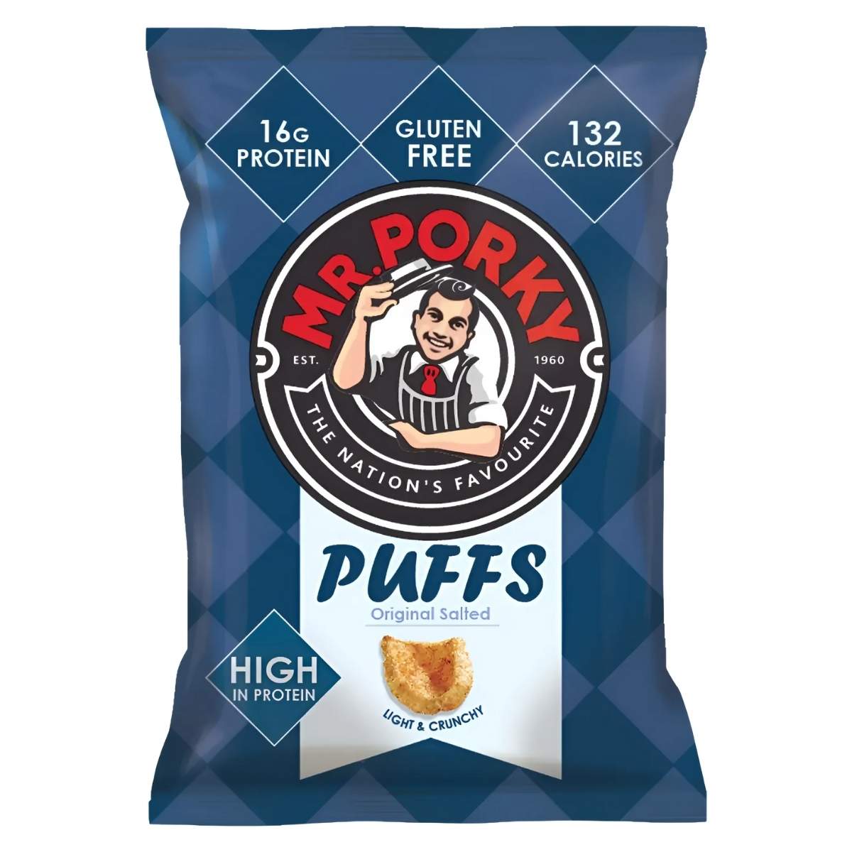 Mr. Porky - Original Salted Puffs (25g) are light, crunchy snacks with 16g of protein per bag, gluten-free, and contain 132 calories. The packaging is predominantly blue. Mr. Porky - Original Salted Puffs (25g) are light, crunchy snacks with 16g of protein per bag, gluten-free, and contain 132 calories. The packaging is predominantly blue.
