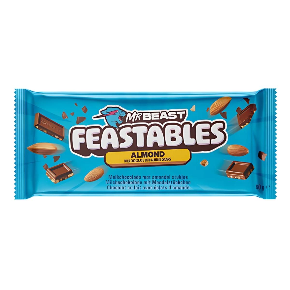 A 60g Mr Beast Feastables Milk Chocolate With Almond Chunks bar in a blue wrapper, showing delicious chocolate pieces and almonds on the packaging. A 60g Mr Beast Feastables Milk Chocolate With Almond Chunks bar in a blue wrapper, showing delicious chocolate pieces and almonds on the packaging.