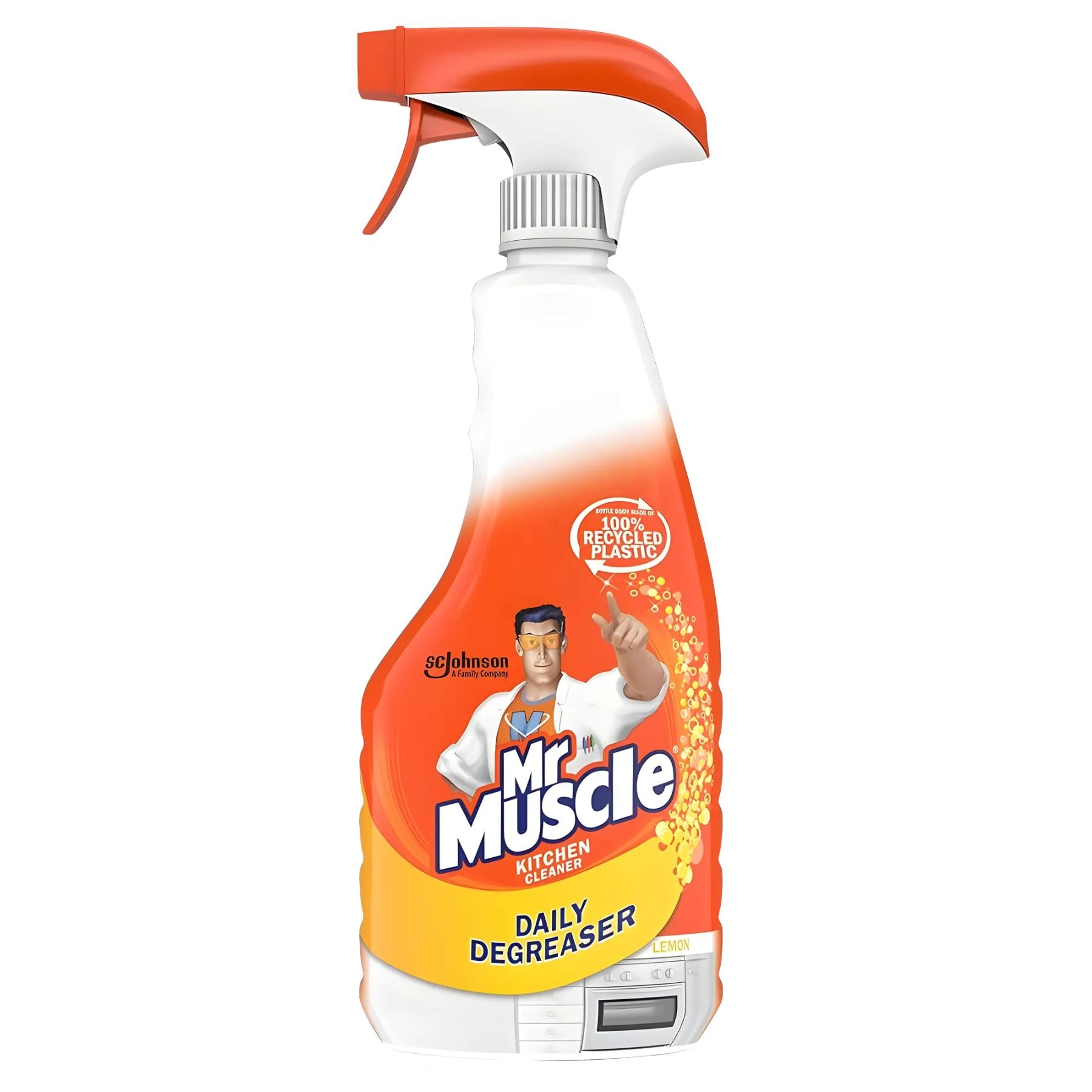 Mr Muscle - Daily Degreaser Kitchen Cleaning Spray (500ml) with an orange and white spray nozzle and branded label, ideal for tackling tough kitchen grease and cleaning jobs. Mr Muscle - Daily Degreaser Kitchen Cleaning Spray (500ml) with an orange and white spray nozzle and branded label, ideal for tackling tough kitchen grease and cleaning jobs.