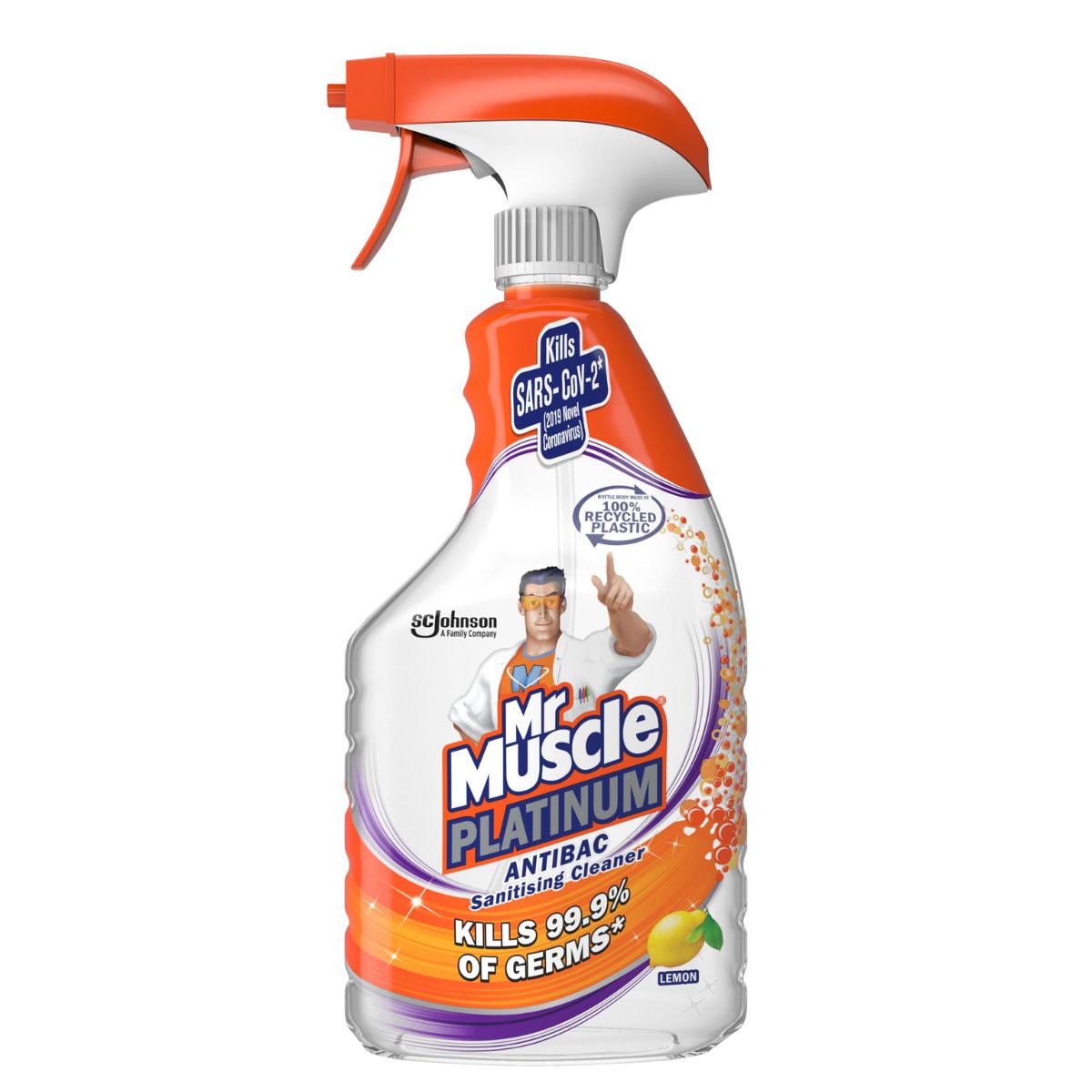 A bottle of Mr Muscle - Platinum Kitchen Citrus - 750ml cleaning spray.