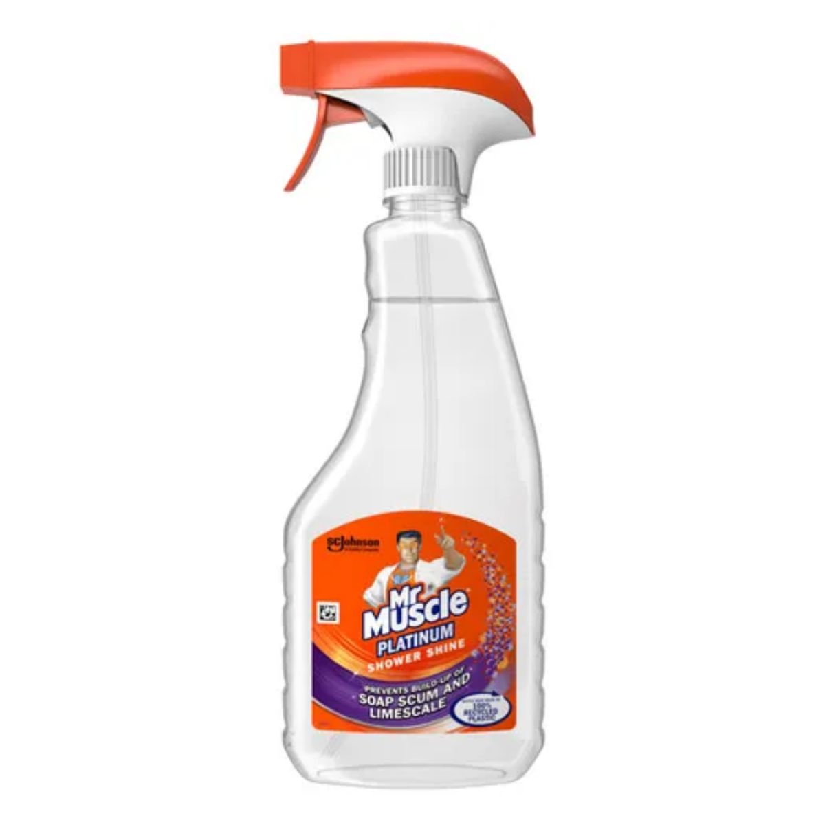 A bottle of Mr Muscle - Platinum Shower Trigger - 750ml with an orange sprayer.