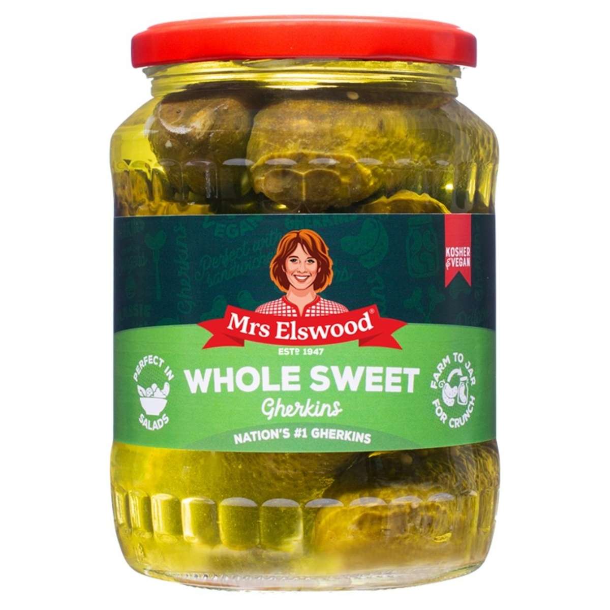 A jar of Mrs. Elswood Whole Sweet Cucumbers Pickled Gherkins featuring a red lid and green label. A jar of Mrs. Elswood Whole Sweet Cucumbers Pickled Gherkins featuring a red lid and green label.