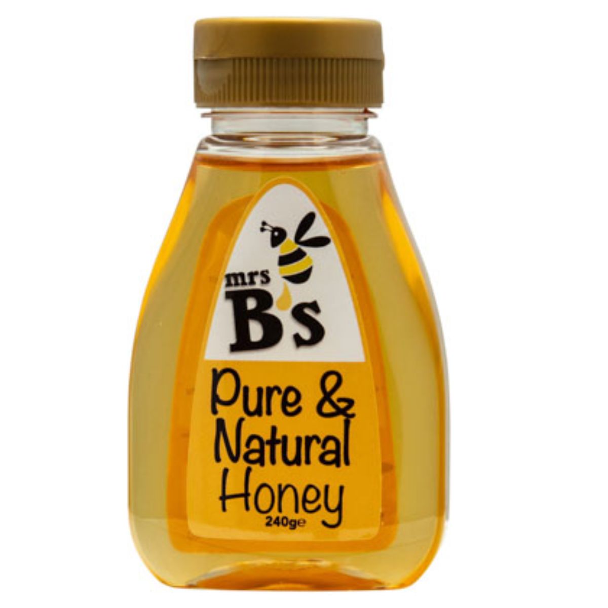 A transparent bottle of Mrs B's - Pure & Natural Honey - 240g. A transparent bottle of Mrs B's - Pure & Natural Honey - 240g.