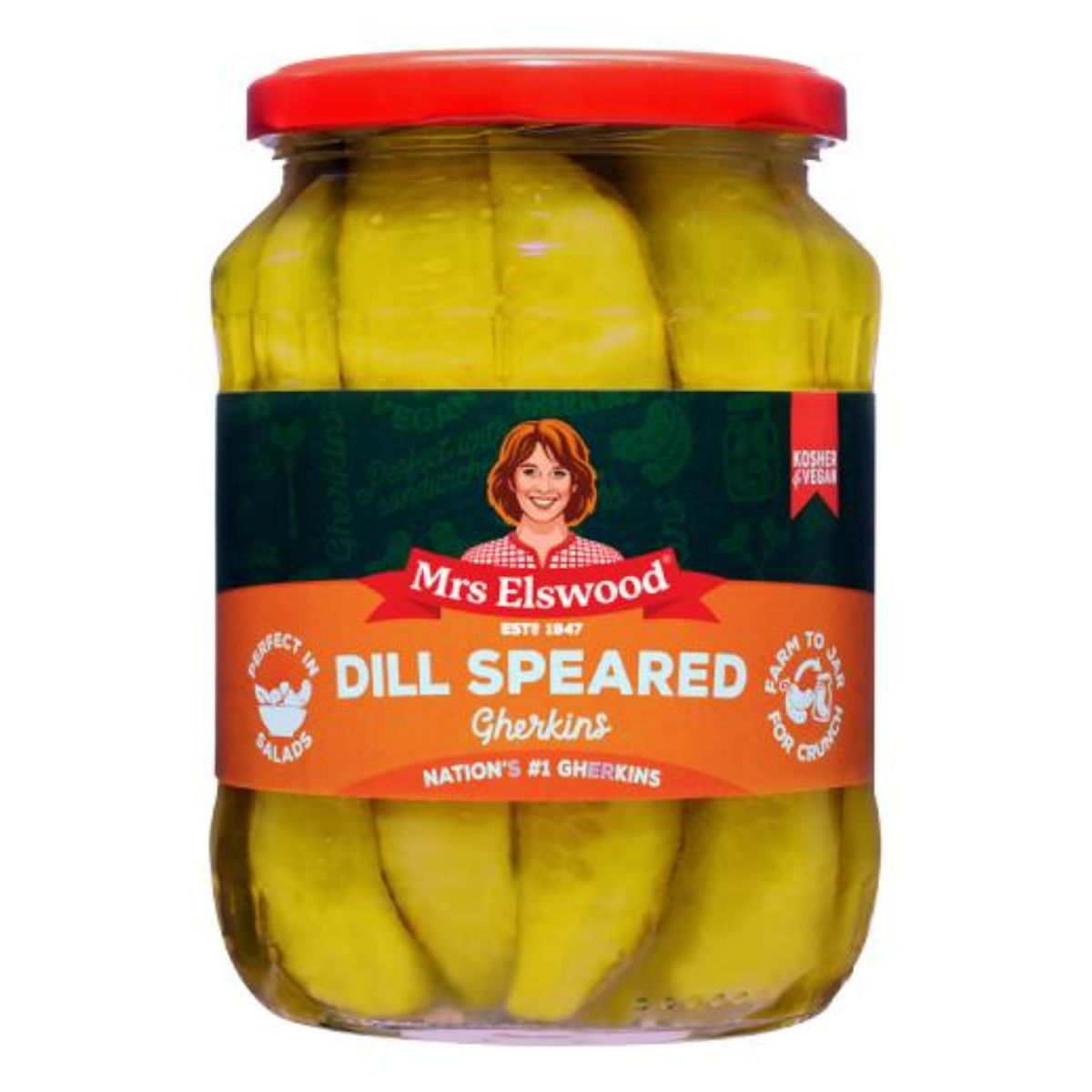 A jar of Mrs Elswood - Dill Speared Gherkins - 670g. A jar of Mrs Elswood - Dill Speared Gherkins - 670g.