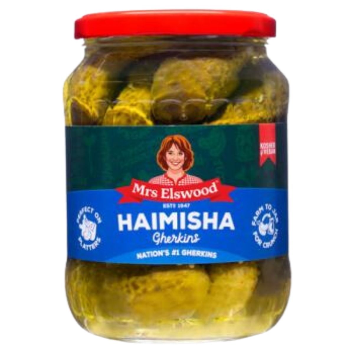 A jar of Mrs Elswood Haimisha Gherkins, featuring a red lid, green label, and an illustration of a woman, with claims such as "Kosher Pickle" and "Nation's #1 Gherkins," in a 670g size. A jar of Mrs Elswood Haimisha Gherkins, featuring a red lid, green label, and an illustration of a woman, with claims such as "Kosher Pickle" and "Nation's #1 Gherkins," in a 670g size.
