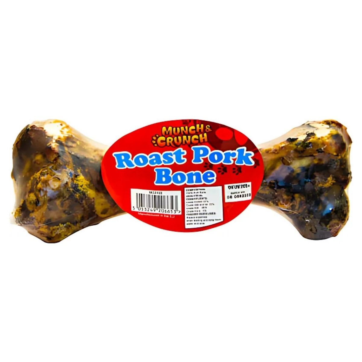 A roast pork bone dog treat with a red label featuring "Munch & Brunch - Roast Pork Bone - 280g," providing your pet with a delightful dining experience through its savoury and sweet flavours. A roast pork bone dog treat with a red label featuring "Munch & Brunch - Roast Pork Bone - 280g," providing your pet with a delightful dining experience through its savoury and sweet flavours.