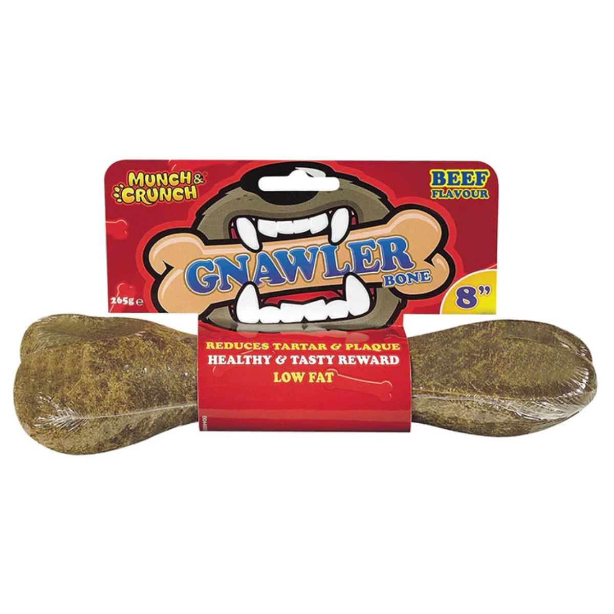 A package of Munch & Crunch - Gnawler Bone Beef - 265g dog bones. A package of Munch & Crunch - Gnawler Bone Beef - 265g dog bones.