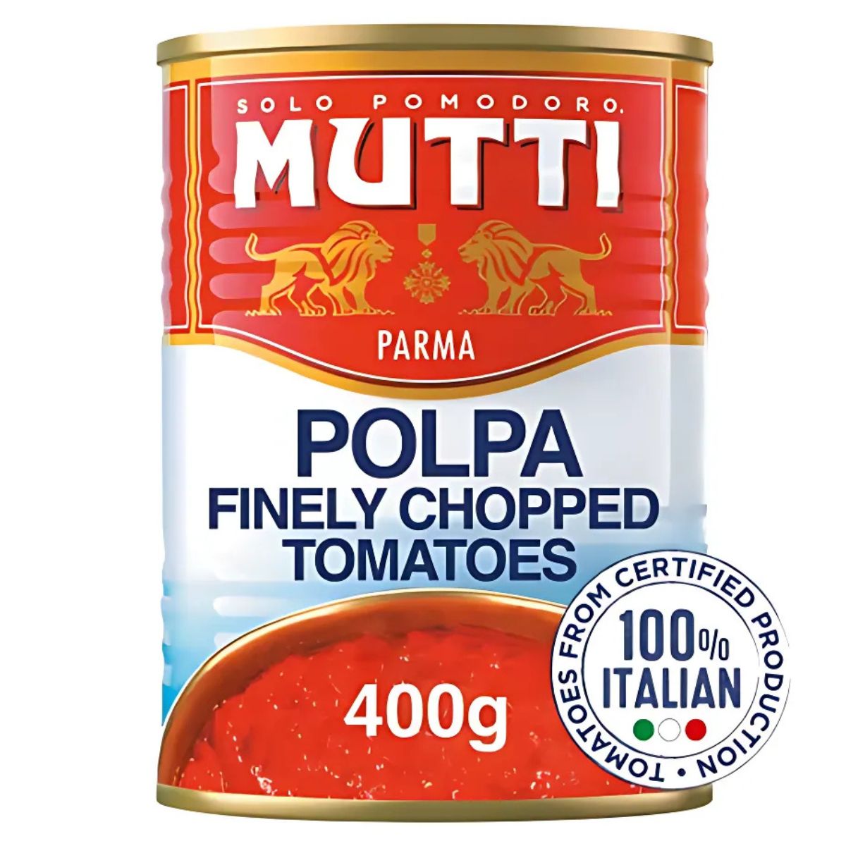 A 400g can of Mutti - Polpa Finely Chopped Italian Tomatoes, 100% Italian, featuring red, gold, and white packaging with an authentic tomato image at the bottom. A 400g can of Mutti - Polpa Finely Chopped Italian Tomatoes, 100% Italian, featuring red, gold, and white packaging with an authentic tomato image at the bottom.