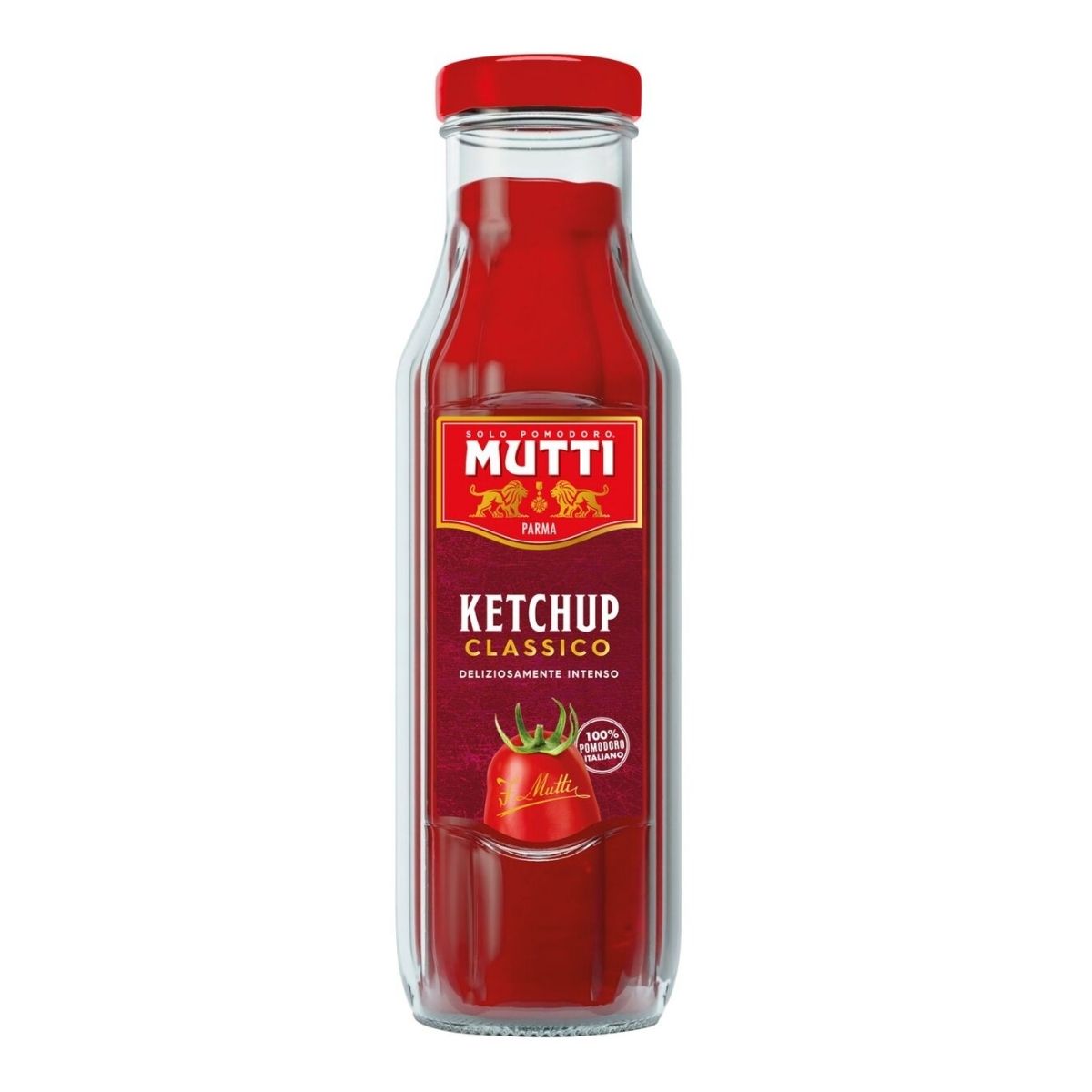 A 300g glass bottle of Mutti Tomato Ketchup Classico with a red cap and red label, offering classic ketchup with authentic tomato flavor. A 300g glass bottle of Mutti Tomato Ketchup Classico with a red cap and red label, offering classic ketchup with authentic tomato flavor.