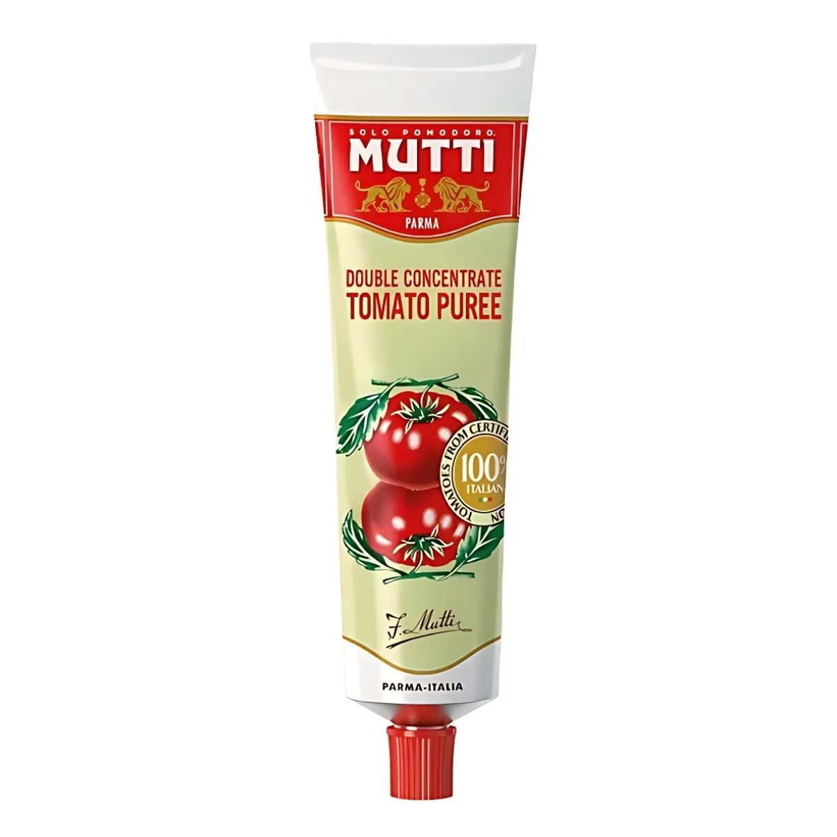 A 130g tube of Mutti Double Concentrate Tomato Paste with a red cap, Italian tomato images, and classic branding on a cream background—an essential pantry staple. A 130g tube of Mutti Double Concentrate Tomato Paste with a red cap, Italian tomato images, and classic branding on a cream background—an essential pantry staple.