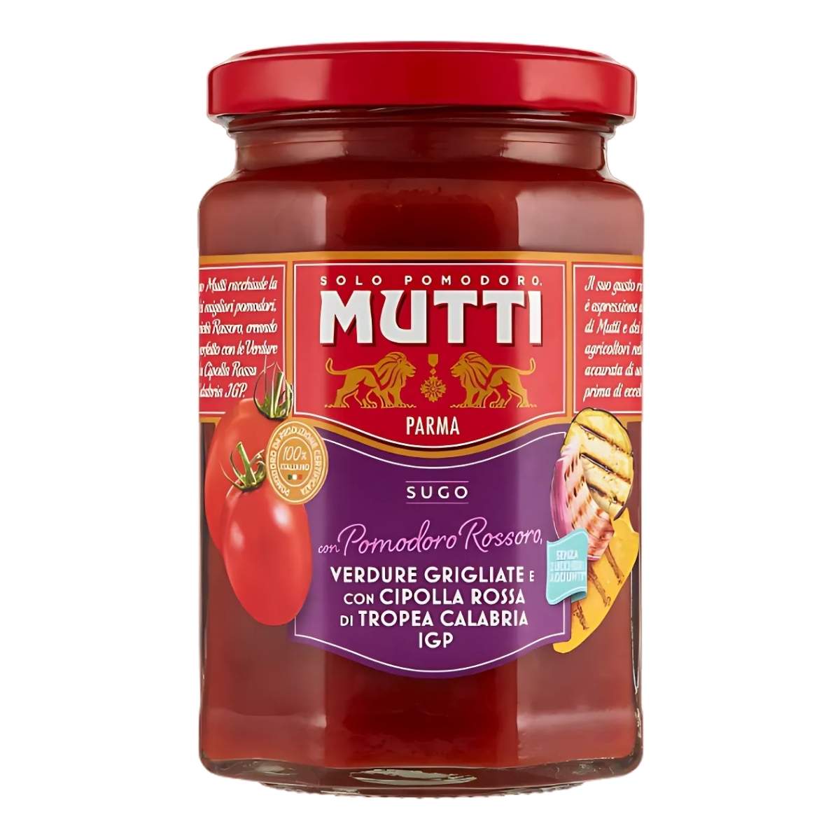 A 280g jar of Mutti Tomato Sauce with Grilled Vegetables & Red Onions, featuring a red label with gold accents and images of tomatoes and grilled vegetables. A 280g jar of Mutti Tomato Sauce with Grilled Vegetables & Red Onions, featuring a red label with gold accents and images of tomatoes and grilled vegetables.