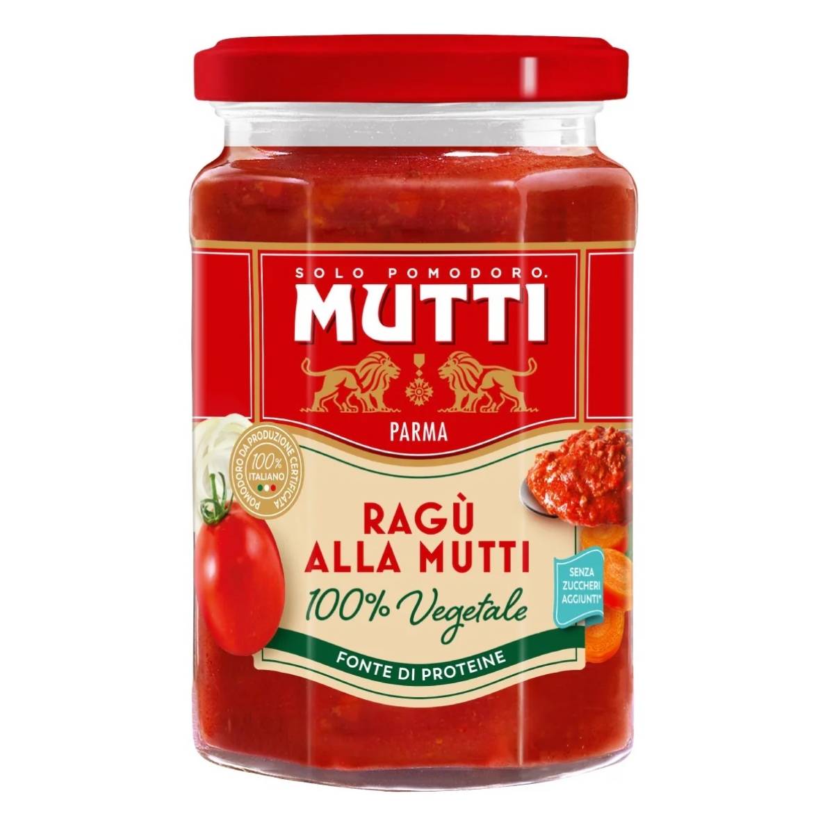 A 280g jar of Mutti Tomato Sauce With Vegetables, featuring a red label with tomatoes and carrots—perfect for enhancing pasta dishes with a rich vegetable flavor. Product info is provided in Italian. A 280g jar of Mutti Tomato Sauce With Vegetables, featuring a red label with tomatoes and carrots—perfect for enhancing pasta dishes with a rich vegetable flavor. Product info is provided in Italian.