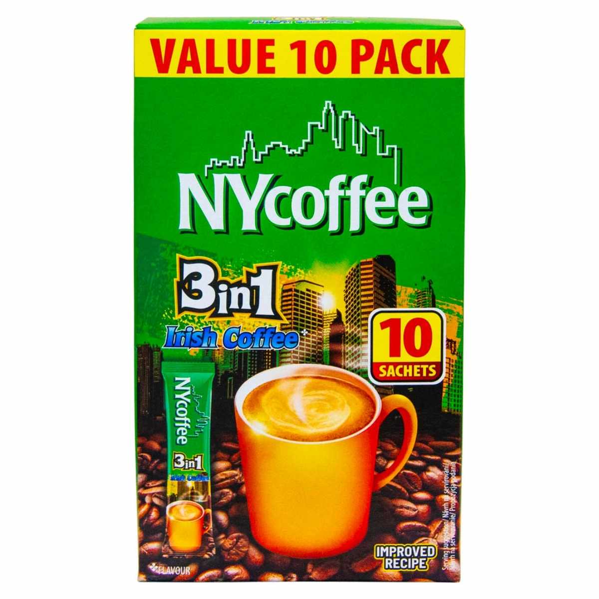 Enjoy a quick coffee fix with NY Coffee's 3in1 Instant Irish Coffee. This value pack of 10 sachets ensures the perfect blend in every cup. Enjoy a quick coffee fix with NY Coffee's 3in1 Instant Irish Coffee. This value pack of 10 sachets ensures the perfect blend in every cup.