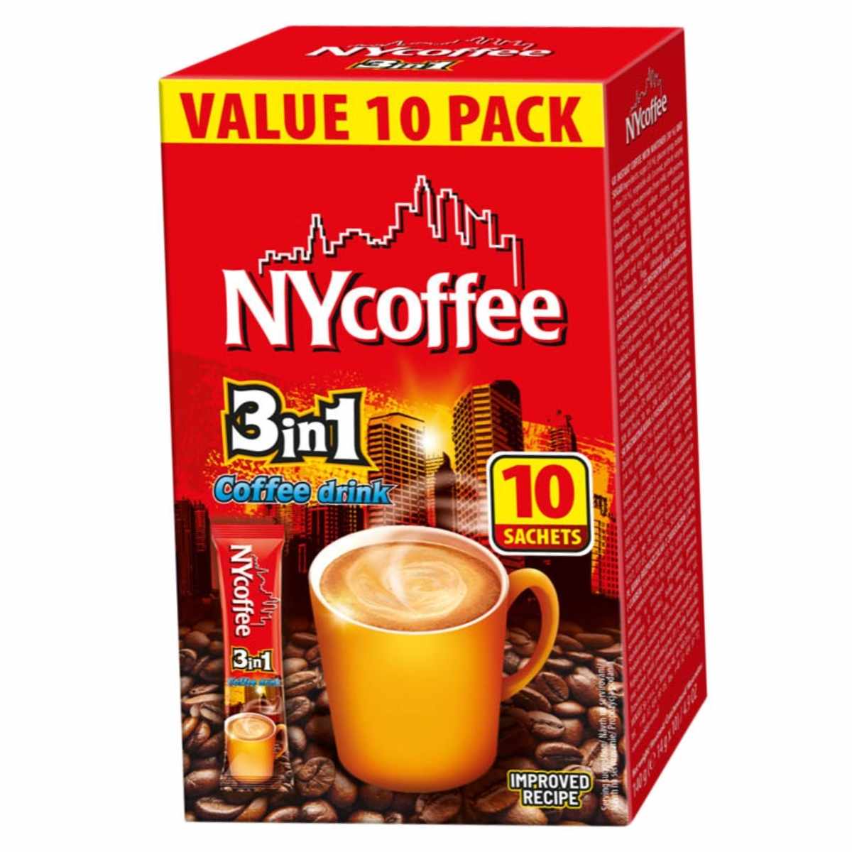 The packaging of "NY Coffee - 3in1 Instant Coffee (10 Sachets) - 140g" satisfies coffee cravings with a value pack, featuring an inviting image of a steaming coffee cup atop a bed of rich coffee beans. The packaging of "NY Coffee - 3in1 Instant Coffee (10 Sachets) - 140g" satisfies coffee cravings with a value pack, featuring an inviting image of a steaming coffee cup atop a bed of rich coffee beans.