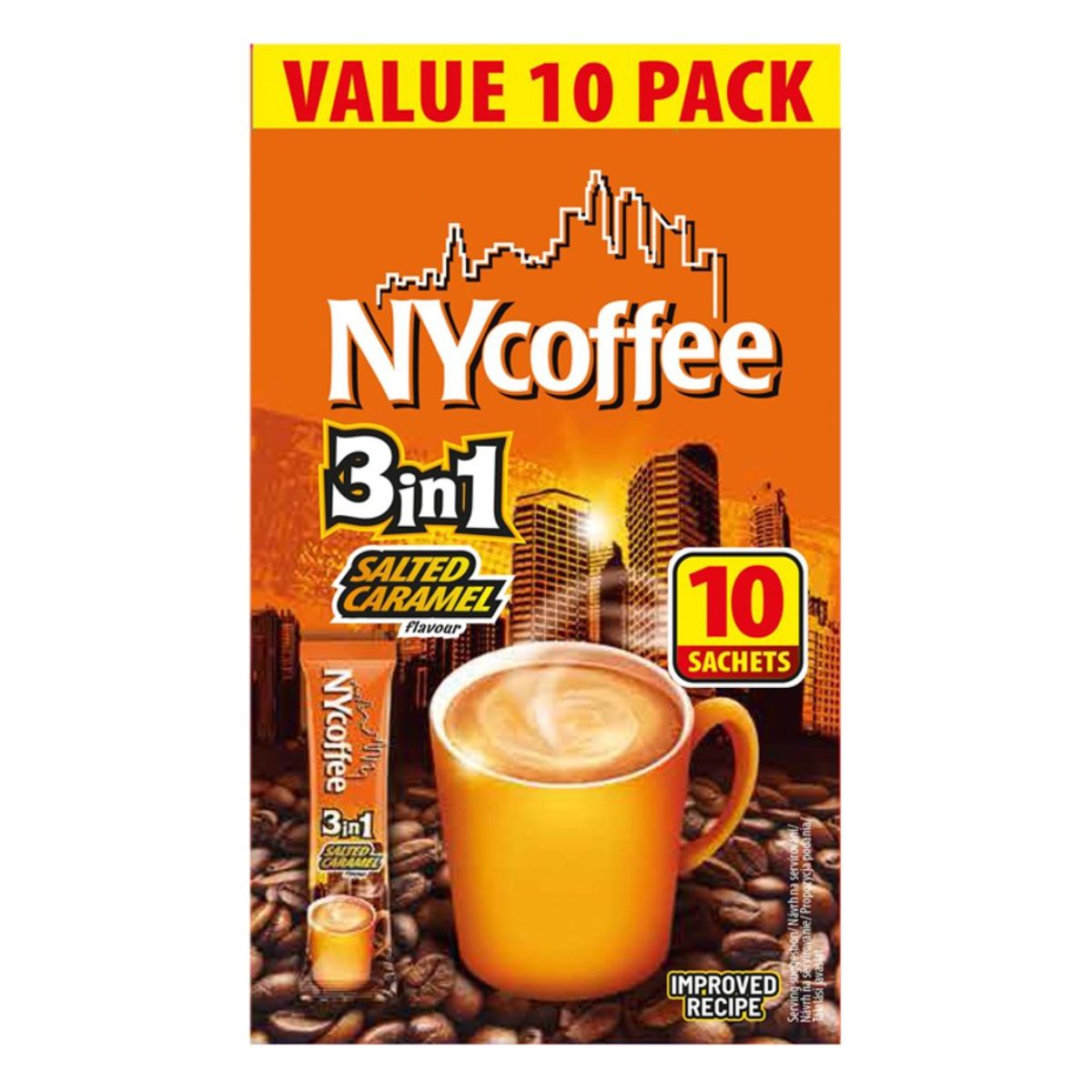 The packaging for NY Coffee - 3in1 Instant Salted Caramel Coffee (10 sachets) - 140g showcases a vibrant orange coffee cup set against a city skyline backdrop. This convenient "Value 10 Pack" provides a delightful coffee experience with 10 sachets included. The packaging for NY Coffee - 3in1 Instant Salted Caramel Coffee (10 sachets) - 140g showcases a vibrant orange coffee cup set against a city skyline backdrop. This convenient "Value 10 Pack" provides a delightful coffee experience with 10 sachets included.