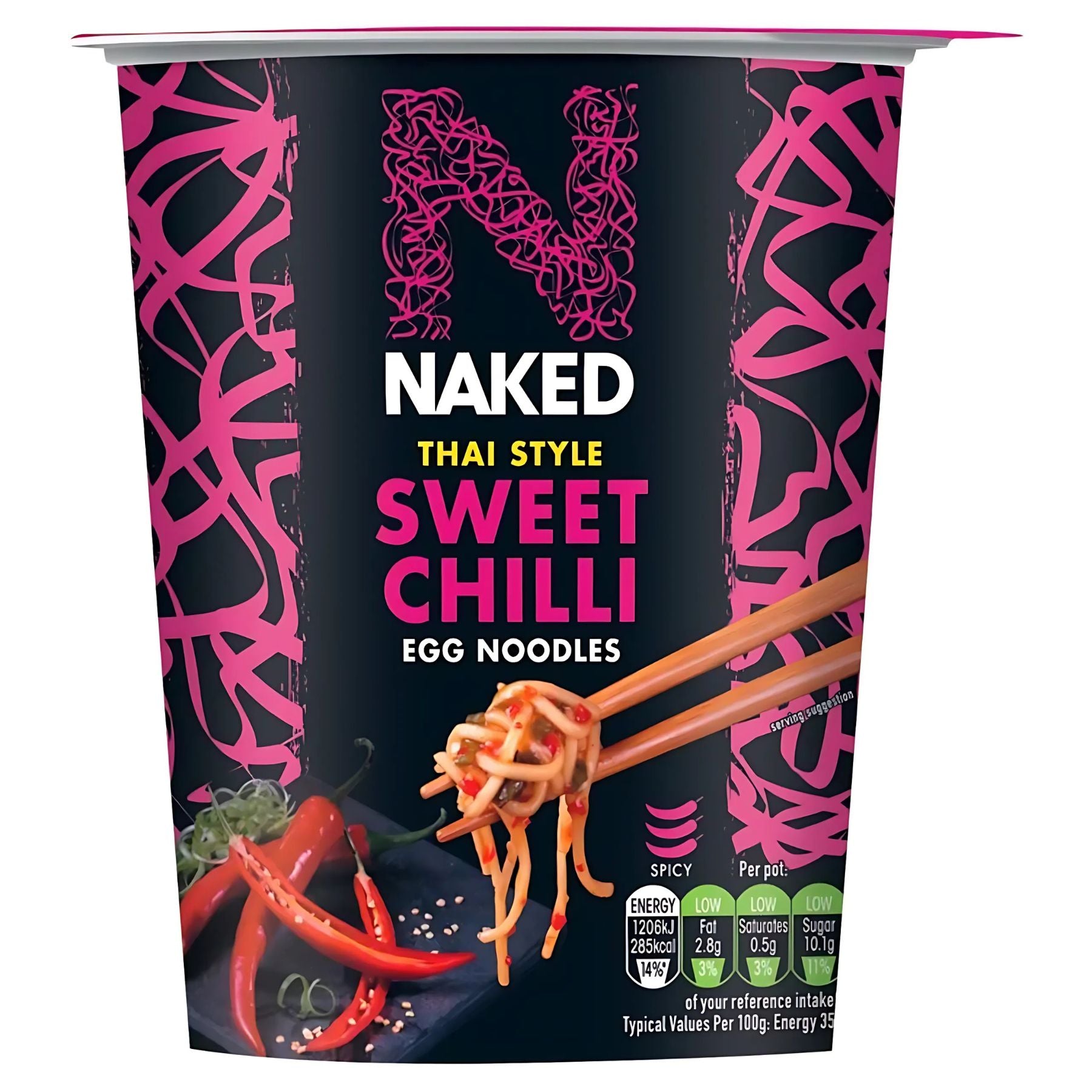 Naked - Thai Style Sweet Chilli Egg Noodles - 78g comes in pink and black packaging, showing dried egg noodles picked up by chopsticks with red chili peppers beneath, all covered in a rich sweet chilli sauce. Naked - Thai Style Sweet Chilli Egg Noodles - 78g comes in pink and black packaging, showing dried egg noodles picked up by chopsticks with red chili peppers beneath, all covered in a rich sweet chilli sauce.