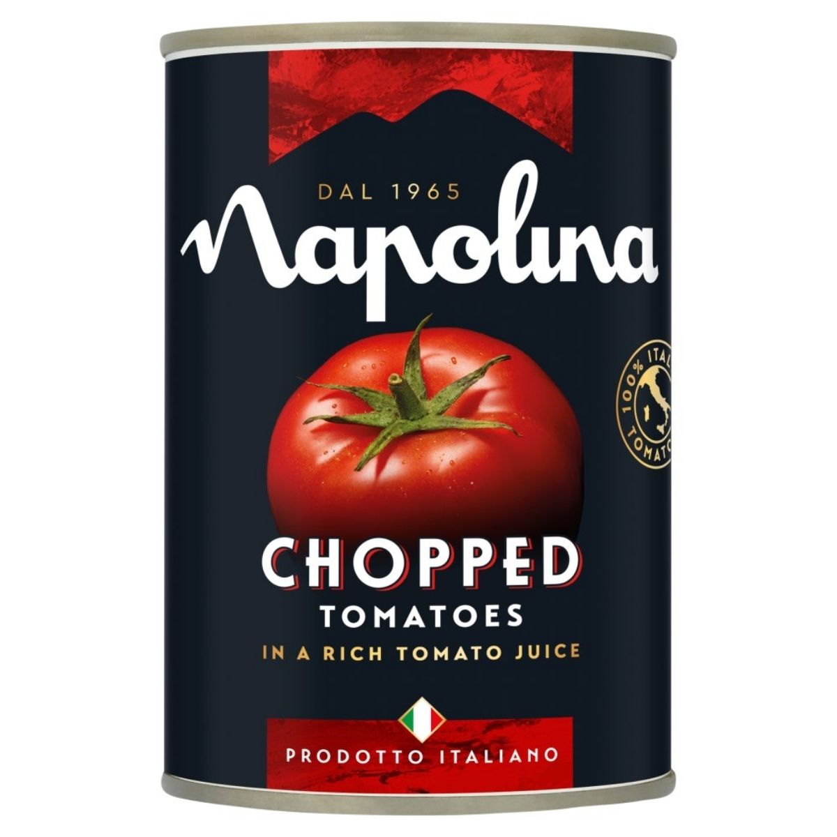A 400g can of Napolina Chopped Tomatoes in a Rich Tomato Juice, featuring the labels "Prodotto Italiano" and "Dal 1965," along with an image of a tomato on the front. A 400g can of Napolina Chopped Tomatoes in a Rich Tomato Juice, featuring the labels "Prodotto Italiano" and "Dal 1965," along with an image of a tomato on the front.