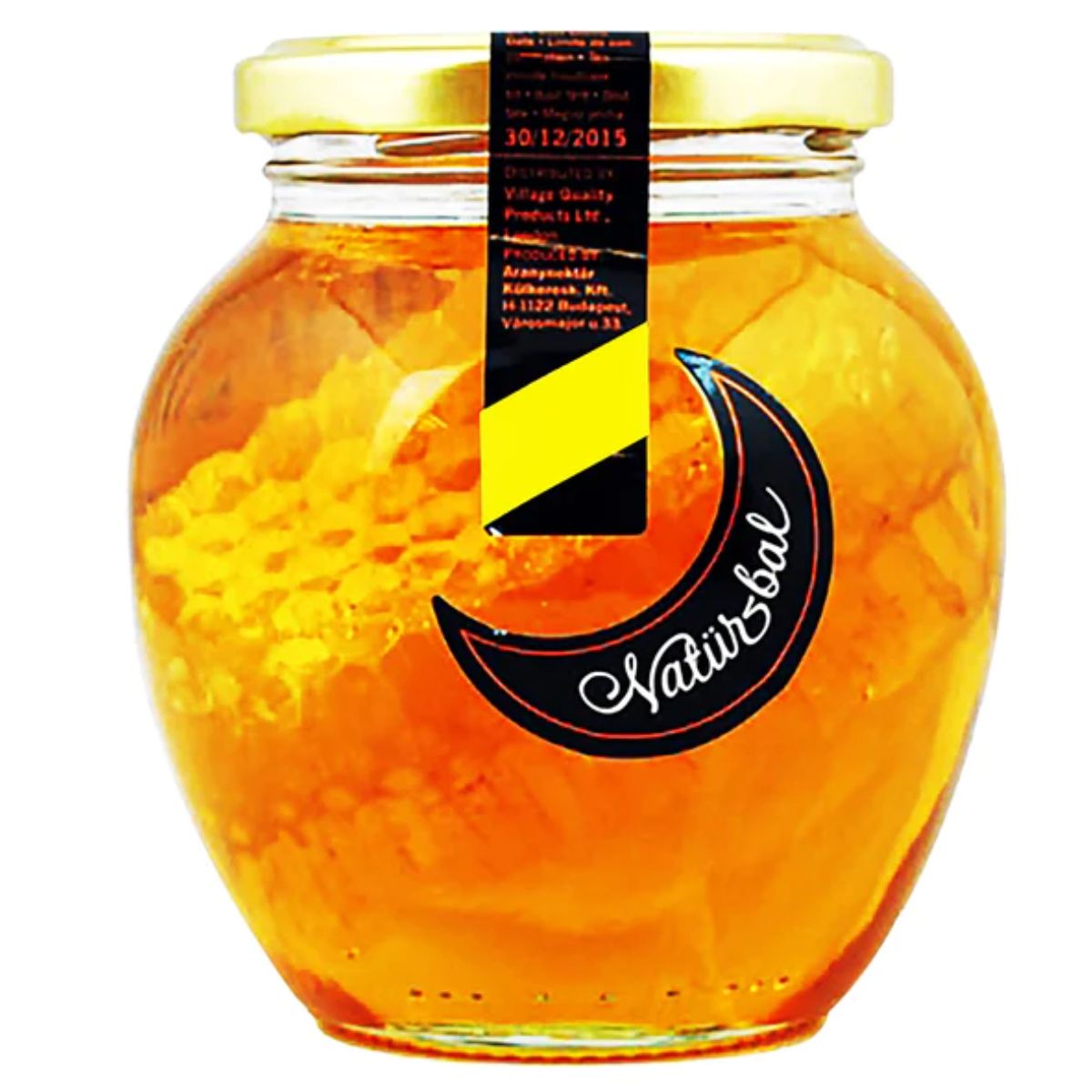 A jar of Naturbal - Syrup With Comb Honey - 450g with a black and yellow label.