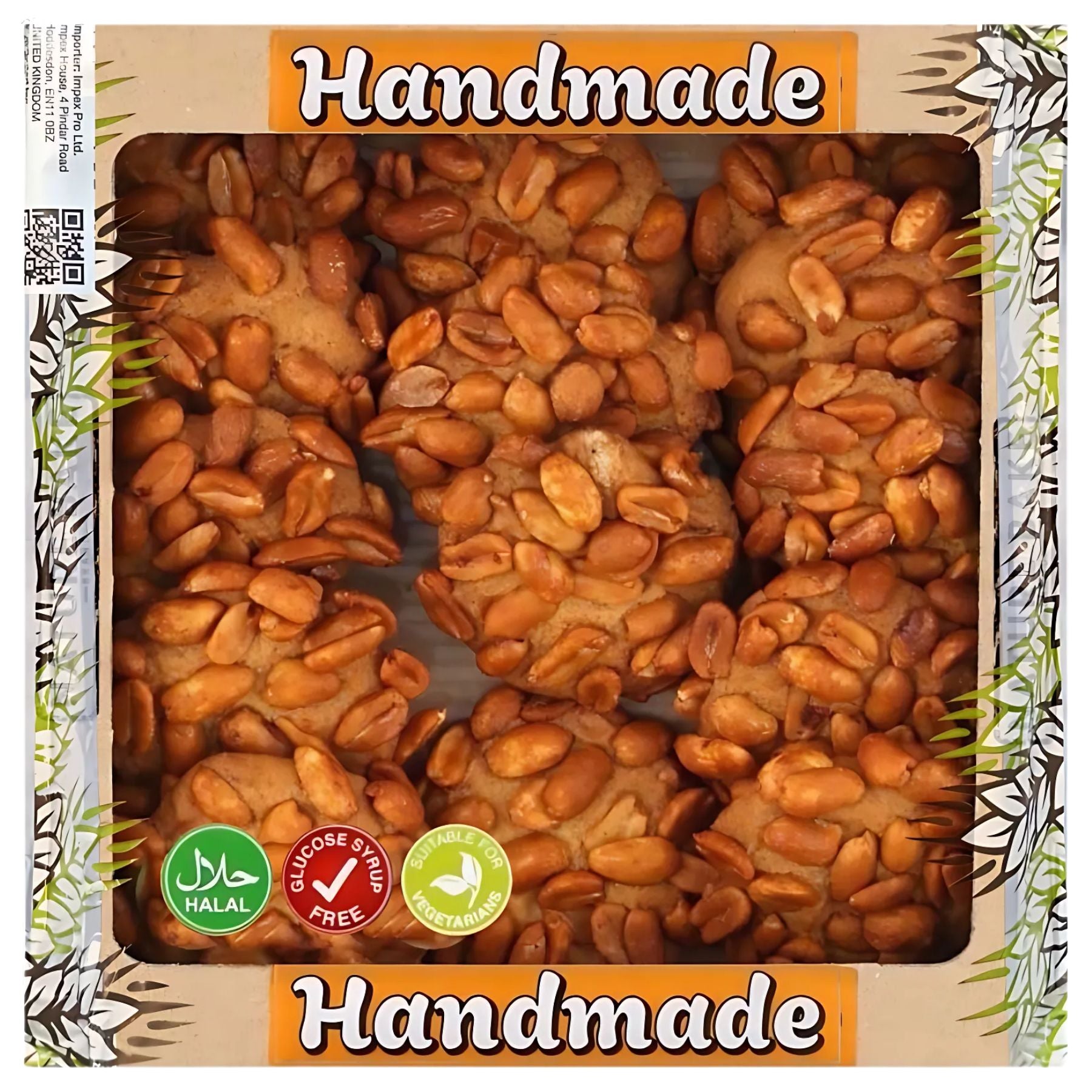 Nature Bake - Handmade Peanut Cookies (260g): Halal, glucose syrup free, vegetarian, made with natural ingredients, and coated in roasted peanuts—packaged with "Handmade" and natural ingredients clearly shown. Nature Bake - Handmade Peanut Cookies (260g): Halal, glucose syrup free, vegetarian, made with natural ingredients, and coated in roasted peanuts—packaged with "Handmade" and natural ingredients clearly shown.