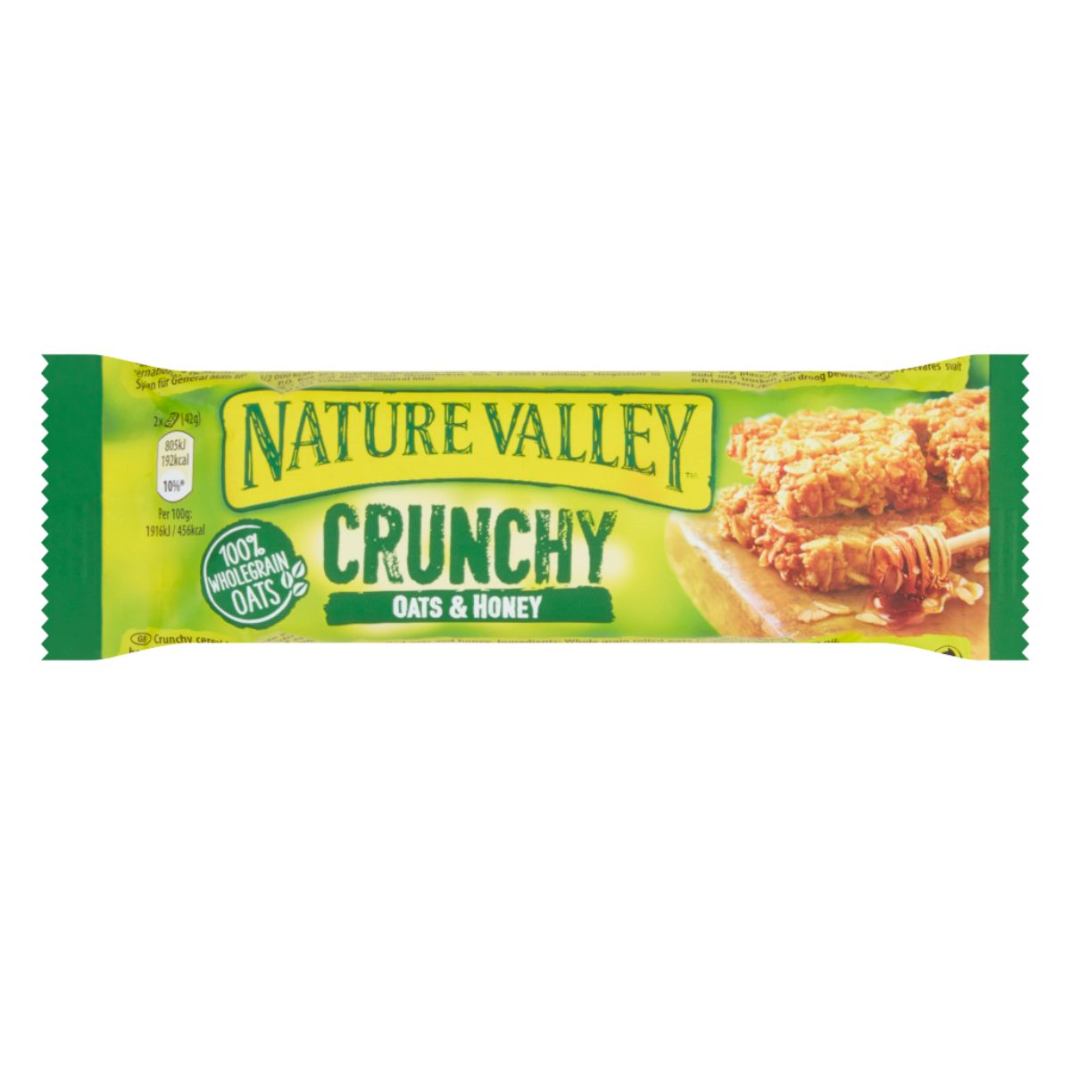 Packaged Nature Valley - Crunchy Oats & Honey - 42g granola bar with an image of the bar on the wrapper. Packaged Nature Valley - Crunchy Oats & Honey - 42g granola bar with an image of the bar on the wrapper.