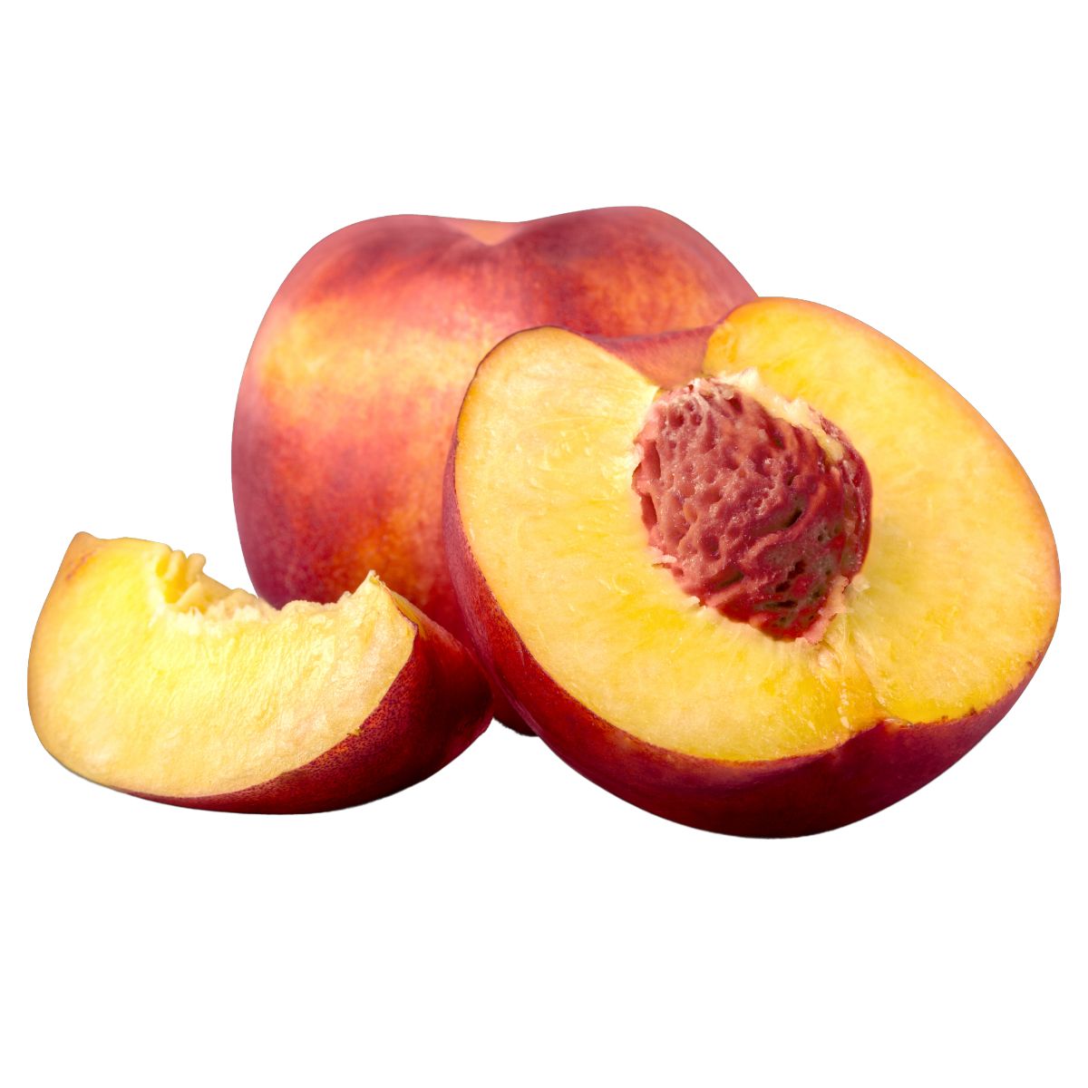 Two whole nectarines and a slice, one Nectarines - Each halved showing the pit, isolated on a white background. Two whole nectarines and a slice, one Nectarines - Each halved showing the pit, isolated on a white background.