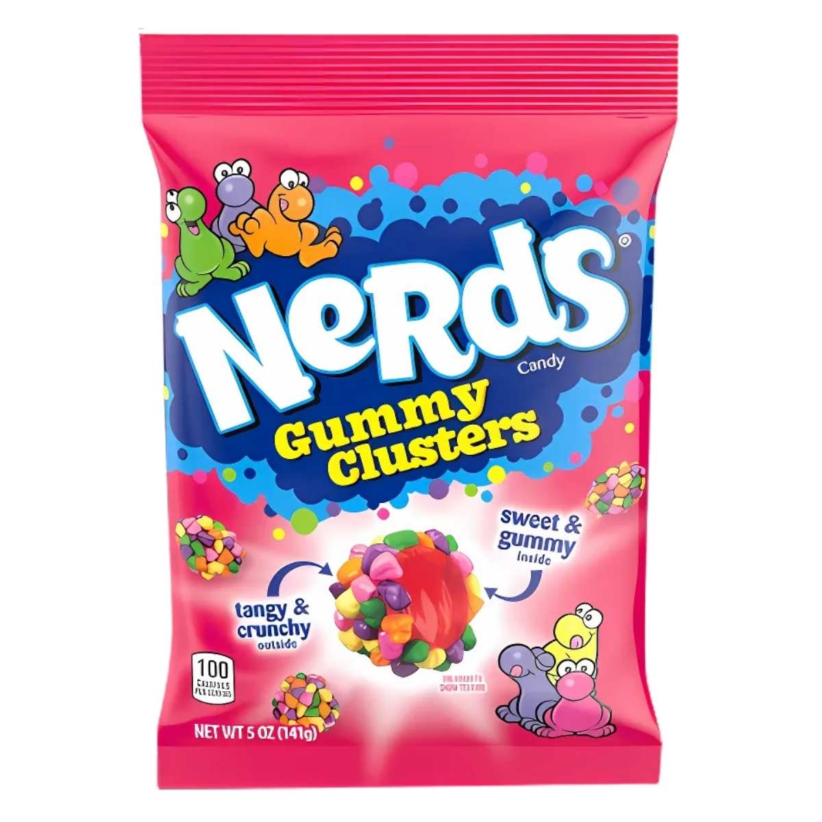 A 141g bag of Nerds Gummy Clusters Candy by Nerds, featuring colorful cartoon characters and images of sweet and tangy gummy candy pieces. A 141g bag of Nerds Gummy Clusters Candy by Nerds, featuring colorful cartoon characters and images of sweet and tangy gummy candy pieces.