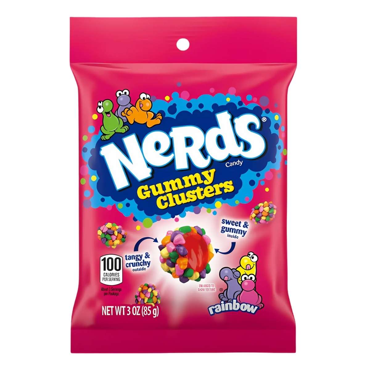 An 85g bag of Nerds Gummy Clusters Candy by Nerds, in a pink package with colorful cartoon characters—this treat is tangy, crunchy, sweet, and gummy. An 85g bag of Nerds Gummy Clusters Candy by Nerds, in a pink package with colorful cartoon characters—this treat is tangy, crunchy, sweet, and gummy.
