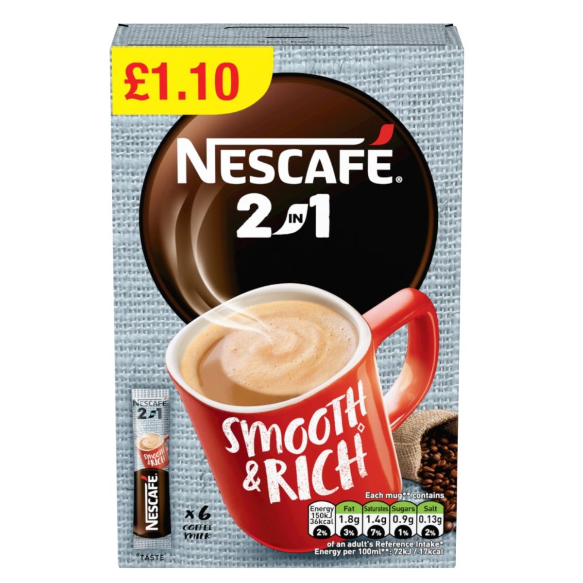 A package of Nescafe - 2in1 Instant Coffee - 6 x 9g showing a mug of coffee, priced at £1.10, highlighting its smooth and rich flavor. the pack contains 6 sachets.