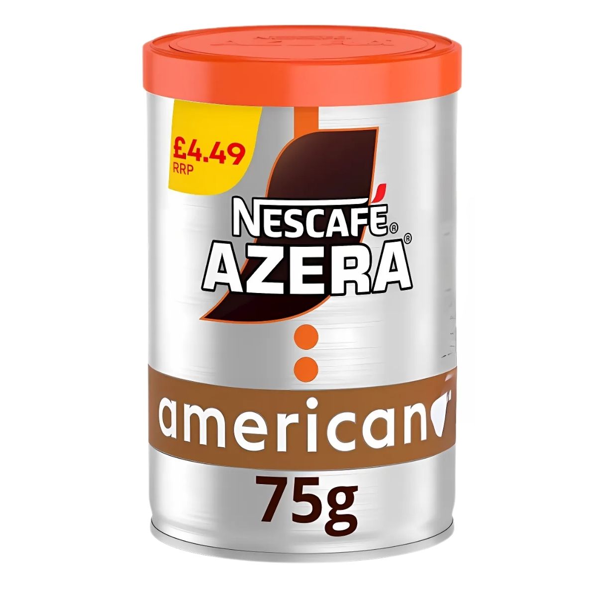 A 75g pack of Nescafe Azera Americano instant coffee from Nescafe, featuring an orange lid and a £4.49 price sticker in the top left corner. A 75g pack of Nescafe Azera Americano instant coffee from Nescafe, featuring an orange lid and a £4.49 price sticker in the top left corner.