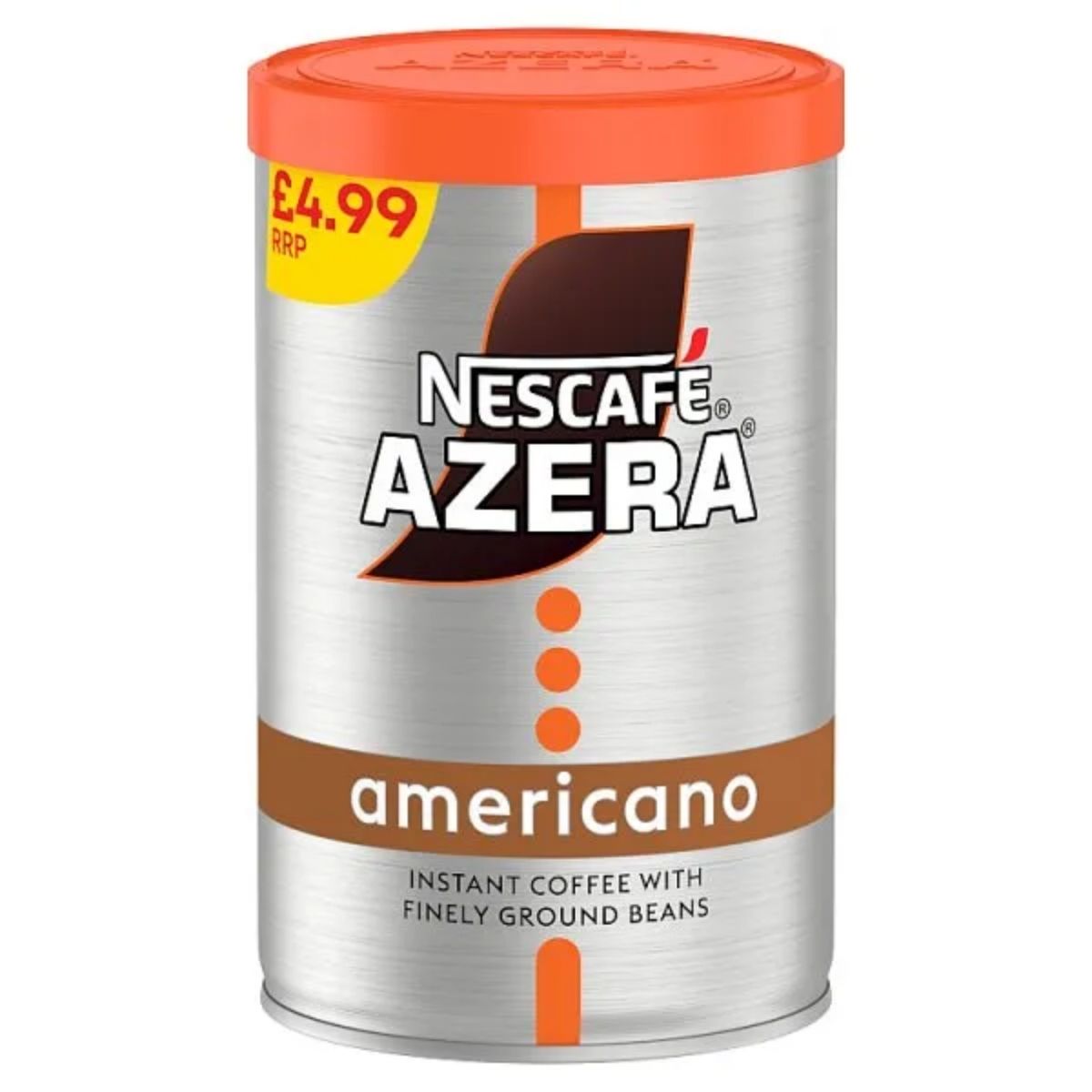 A 90g can of Nescafe Azera Americano, featuring orange and brown design elements, is priced at £4.99. A 90g can of Nescafe Azera Americano, featuring orange and brown design elements, is priced at £4.99.