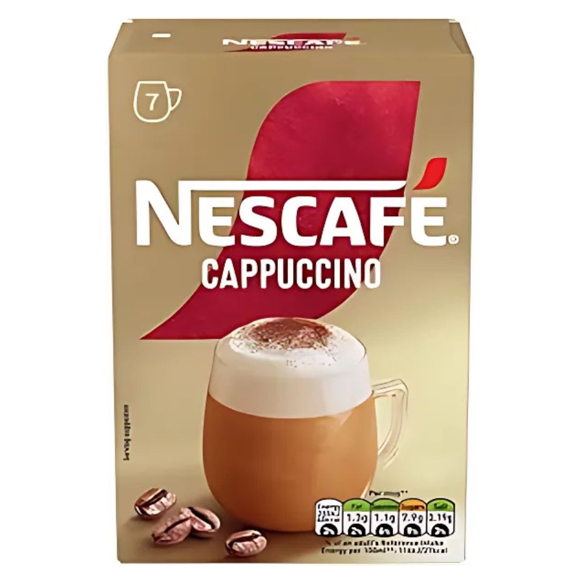 A box of Nescafe Cappuccino Instant Coffee (7 sachets x 15.5g) featuring an image of frothy coffee in a glass mug, coffee beans, and nutritional information on the front. A box of Nescafe Cappuccino Instant Coffee (7 sachets x 15.5g) featuring an image of frothy coffee in a glass mug, coffee beans, and nutritional information on the front.
