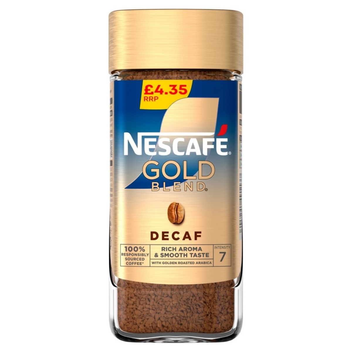 A 95g jar of Nescafe Decaf Gold Blend Coffee Beans, priced at £4.35, with a golden lid and labeling that highlights its rich aroma, smooth taste, and strength level 7—ideal for decaf coffee lovers. A 95g jar of Nescafe Decaf Gold Blend Coffee Beans, priced at £4.35, with a golden lid and labeling that highlights its rich aroma, smooth taste, and strength level 7—ideal for decaf coffee lovers.