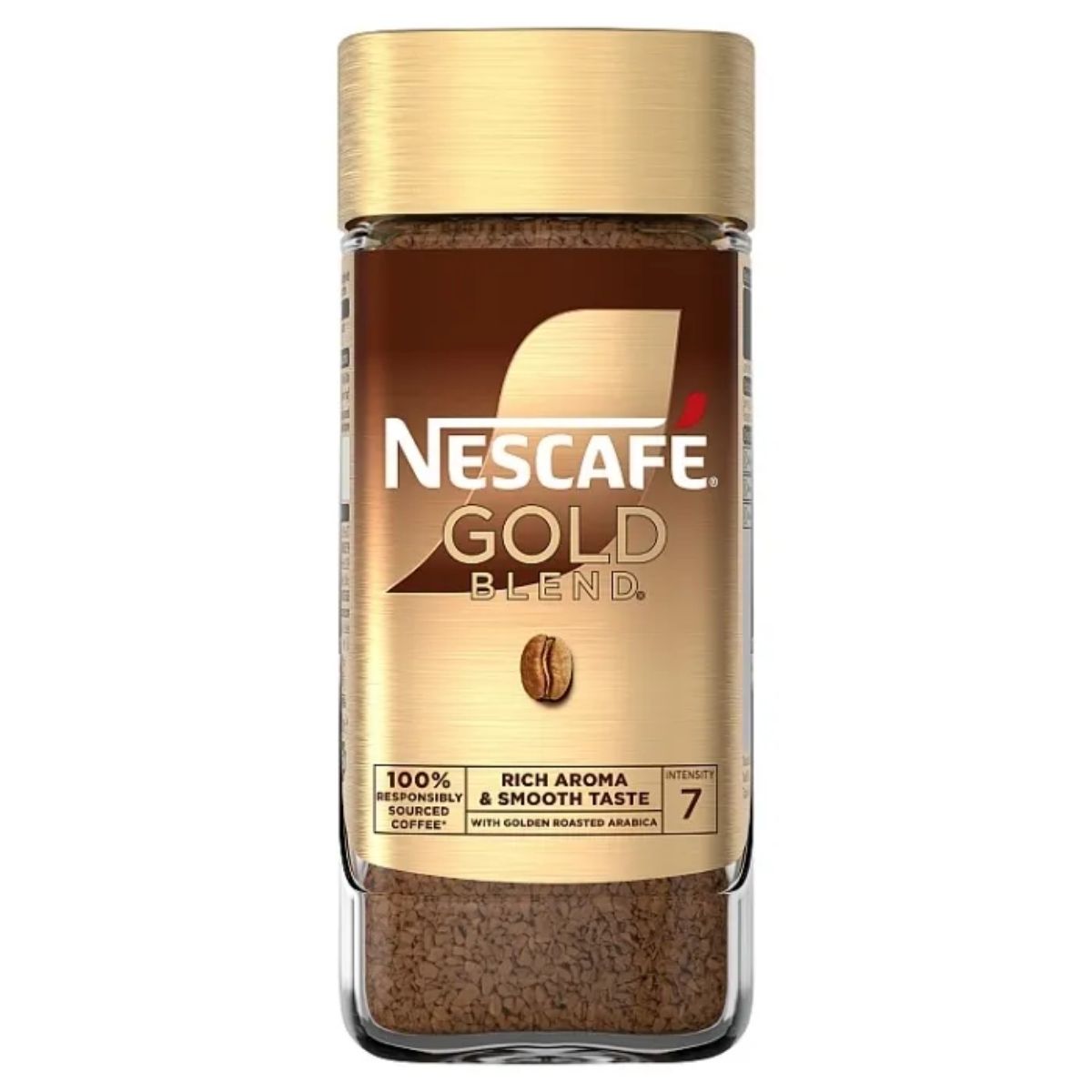 A 95g jar of Nescafe Gold Blend Coffee Beans with a gold lid and brown label featuring the brand name and details, offering a rich coffee experience from carefully selected beans. A 95g jar of Nescafe Gold Blend Coffee Beans with a gold lid and brown label featuring the brand name and details, offering a rich coffee experience from carefully selected beans.