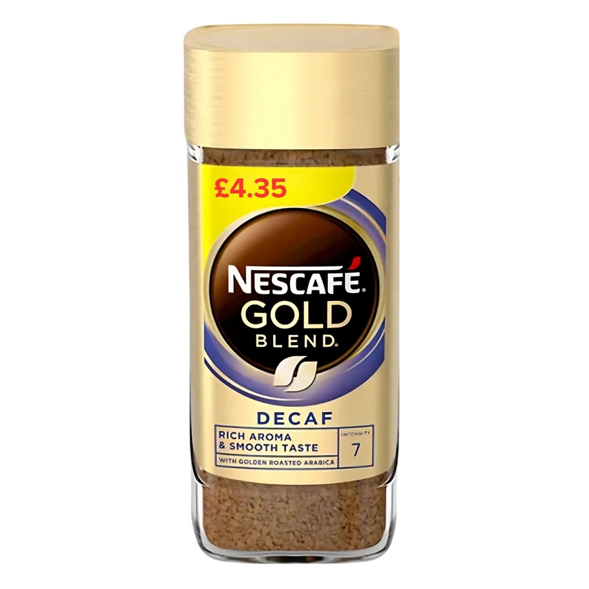 A 95g jar of Nescafe Gold Blend Decaf instant coffee with a gold lid and a £4.35 price label on the cap. A 95g jar of Nescafe Gold Blend Decaf instant coffee with a gold lid and a £4.35 price label on the cap.
