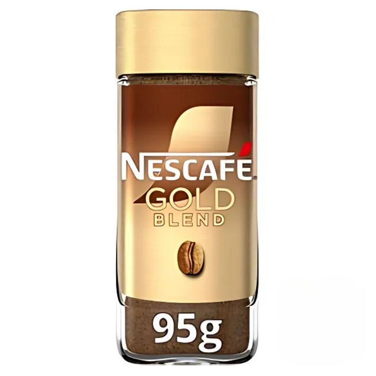 A 95g jar of Nescafe Gold Blend Instant Coffee featuring a gold lid and coffee bean image on the label. A 95g jar of Nescafe Gold Blend Instant Coffee featuring a gold lid and coffee bean image on the label.