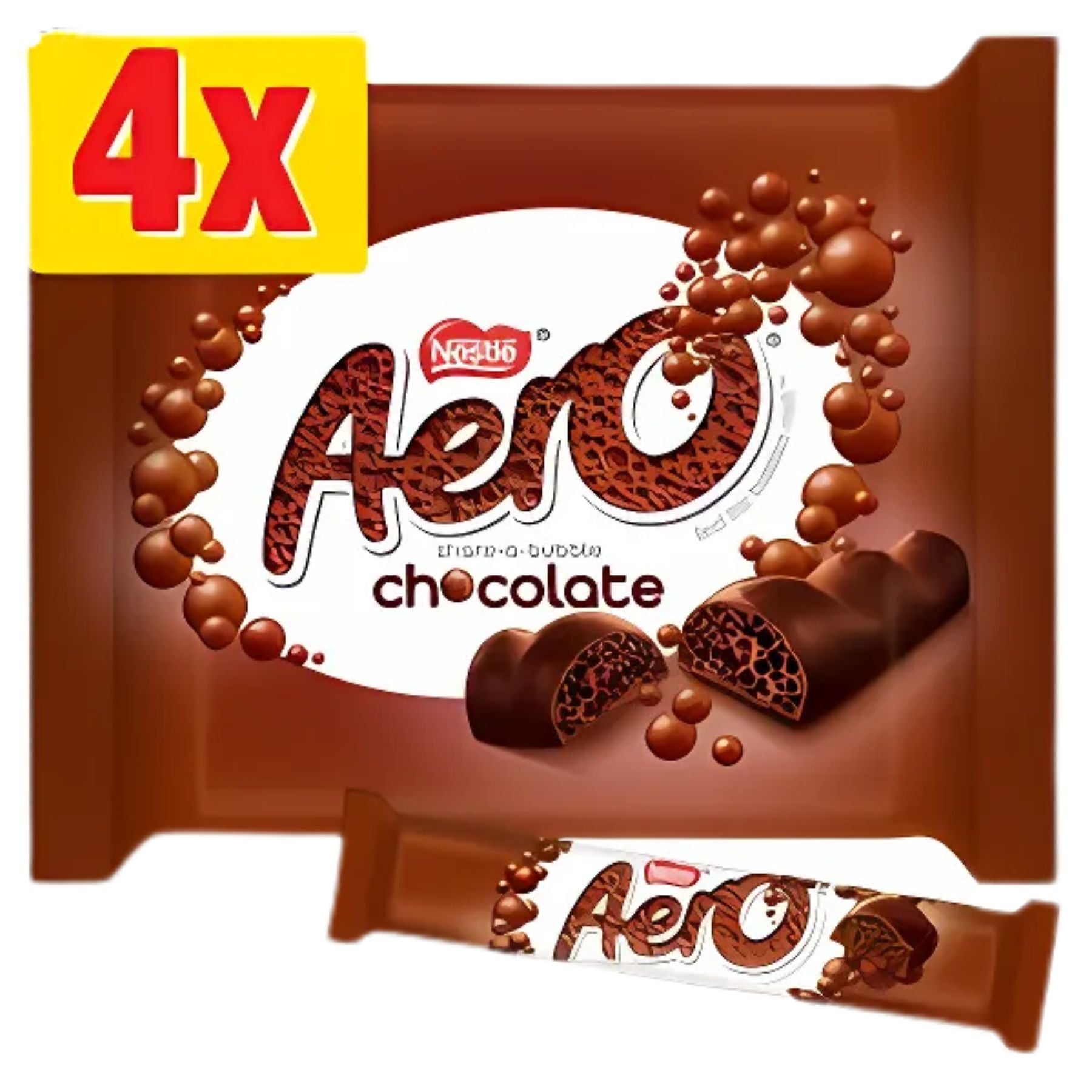 Nestle Aero Bubbly Chocolate Bar Multipack (4 x 27g) features "4x" in yellow on the packaging, with bubble and chocolate imagery. Nestle Aero Bubbly Chocolate Bar Multipack (4 x 27g) features "4x" in yellow on the packaging, with bubble and chocolate imagery.