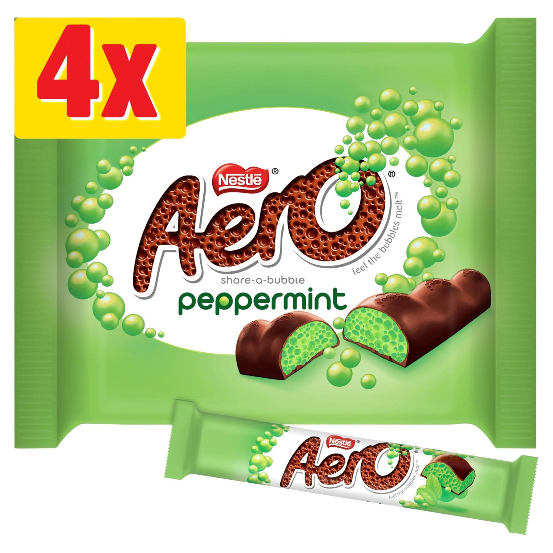Nestle Aero Bubbly Peppermint Chocolate Bar Multipack, 4 x 27g, shown in green packaging with an image of the chocolate bar featuring a bubbly mint filling. Nestle Aero Bubbly Peppermint Chocolate Bar Multipack, 4 x 27g, shown in green packaging with an image of the chocolate bar featuring a bubbly mint filling.