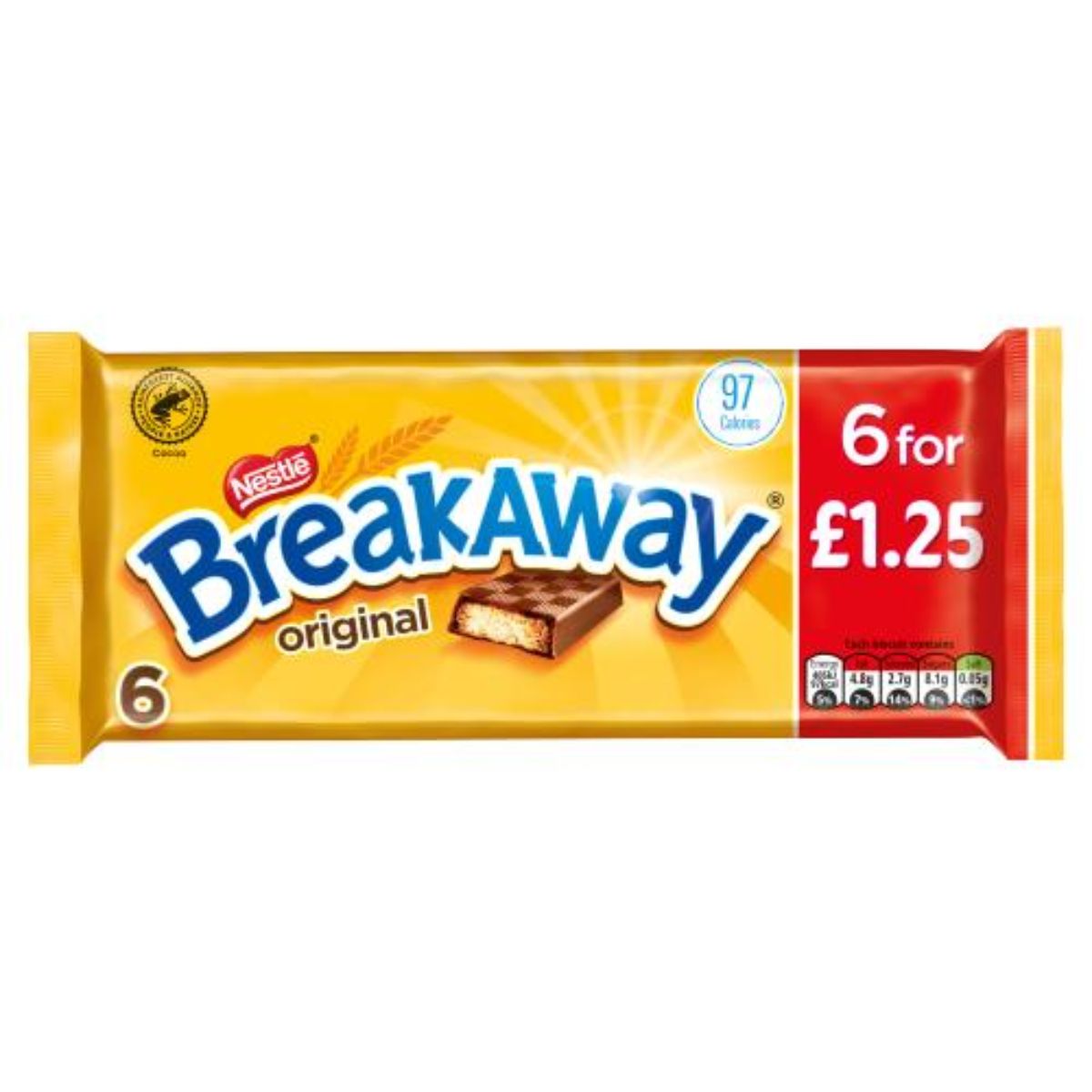 A bar of Nestle - Breakaway Original - 6 pack on a white background.