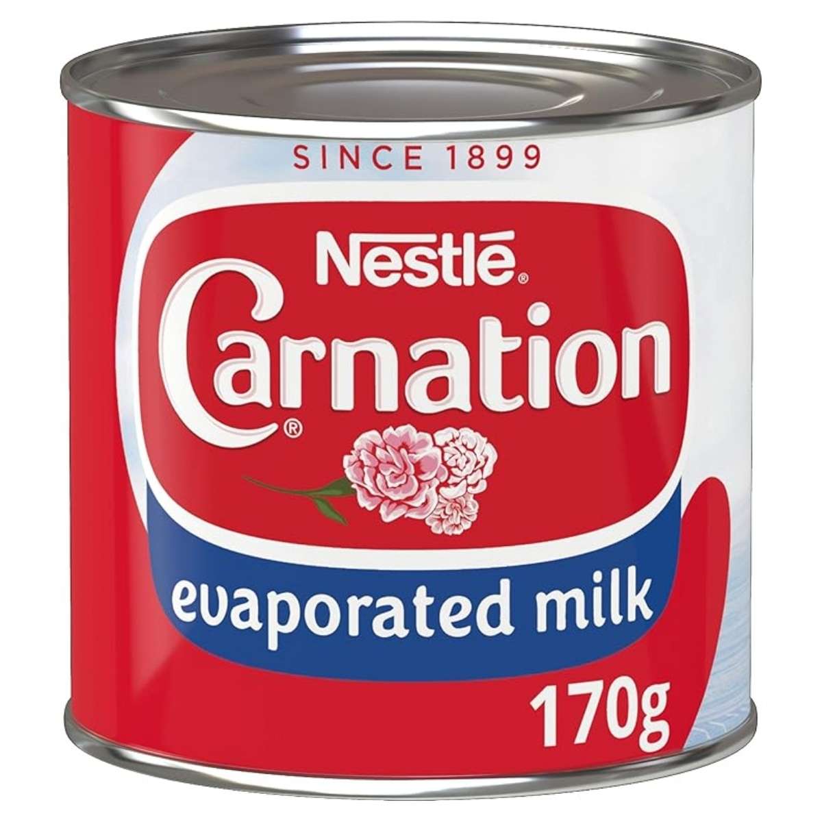 Nestle Carnation Evaporated Milk (170g) is a creamy-textured staple, ideal for recipes. It features a classic red and white label with pink carnations and "Since 1899" text. Nestle Carnation Evaporated Milk (170g) is a creamy-textured staple, ideal for recipes. It features a classic red and white label with pink carnations and "Since 1899" text.