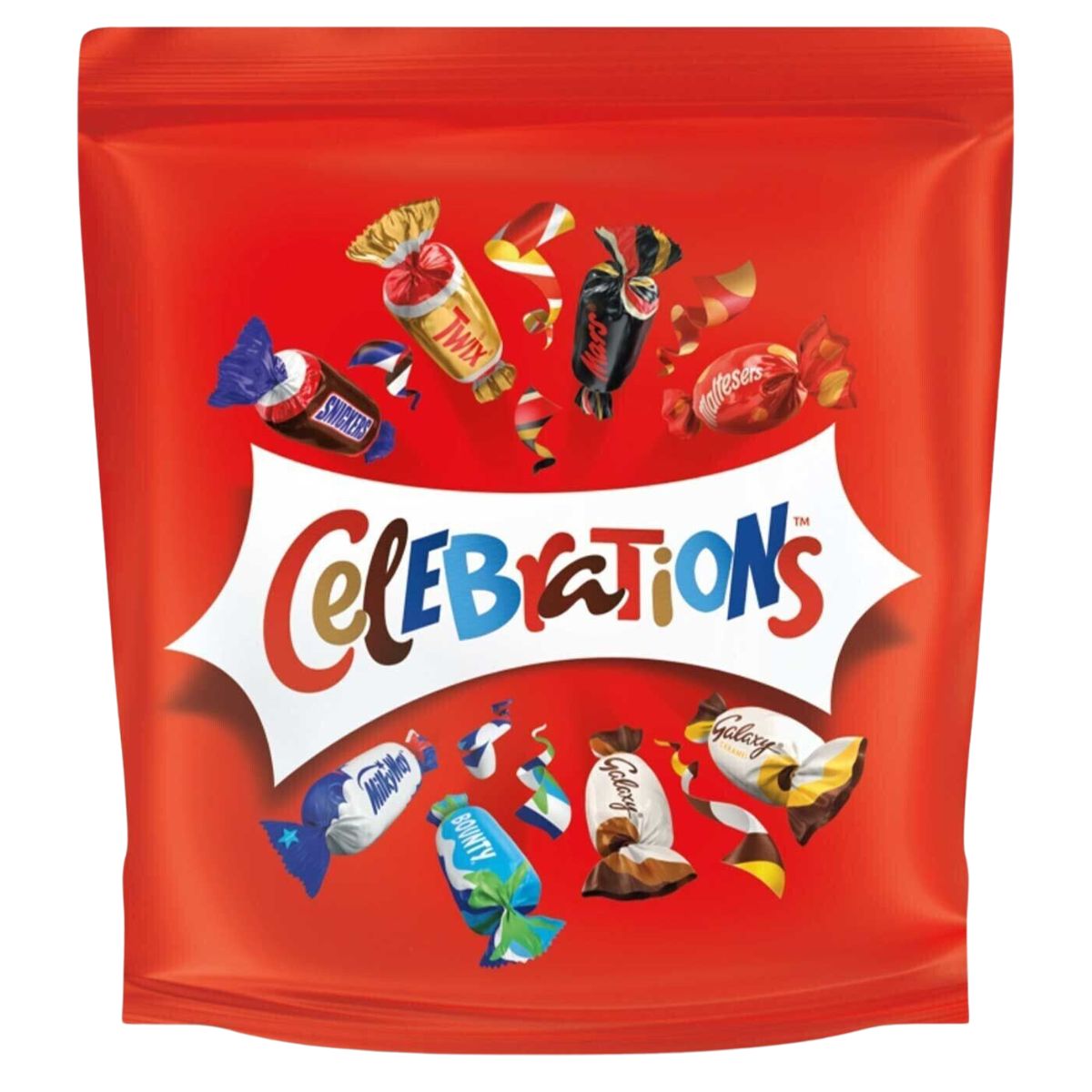 A red bag with a Nestle - Celebration - 370g logo and candy.