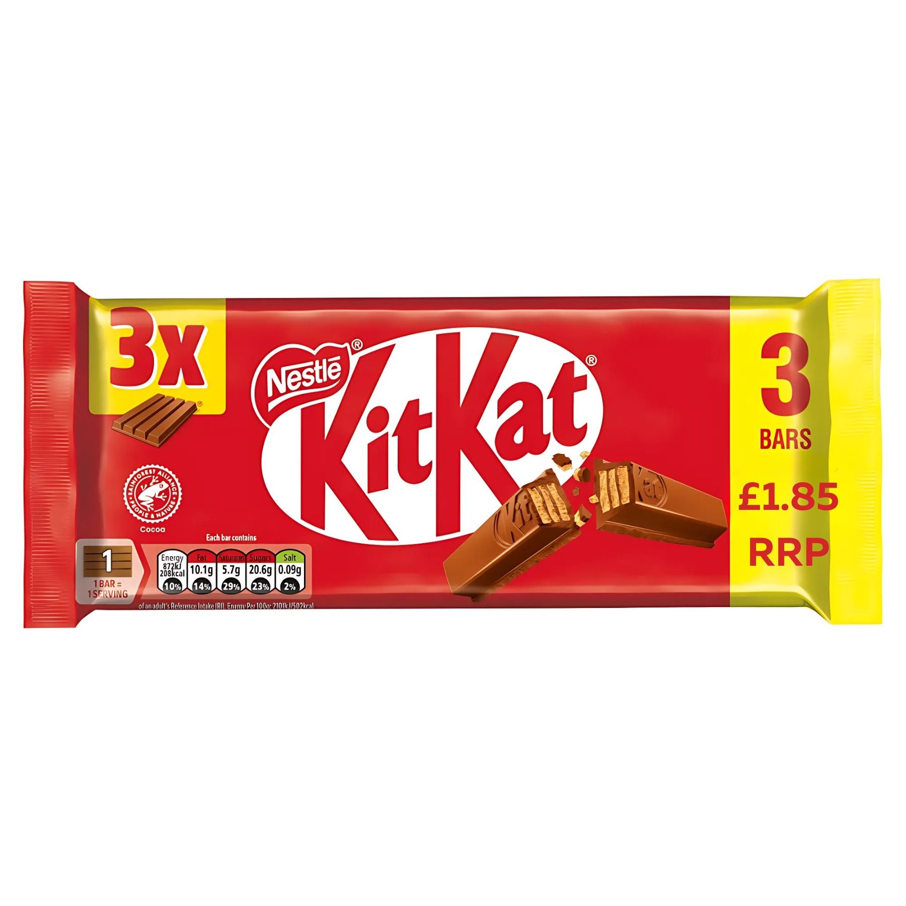 Nestle KitKat Multipack includes 3 x 41.5g chocolate wafer bars in red and yellow packaging, with a £1.85 RRP displayed on the right. Nestle KitKat Multipack includes 3 x 41.5g chocolate wafer bars in red and yellow packaging, with a £1.85 RRP displayed on the right.