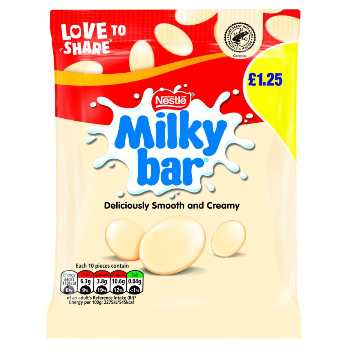 A bag of Nestle - Milky Bar Deliciously Smooth and Creamy - 85g on a white background.